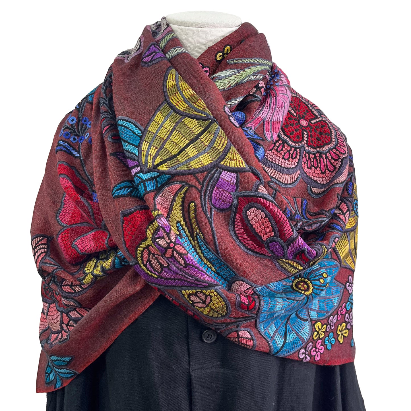 DARK FLOWER 薄手ウール&シルク アリー手刺繍ストール (ダークレッド)