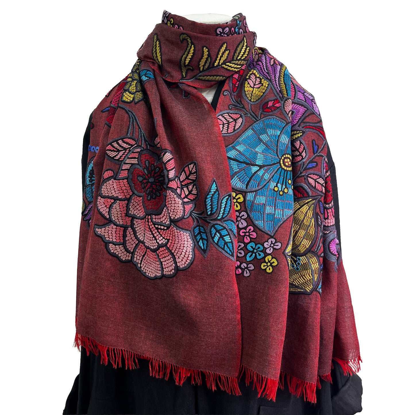 DARK FLOWER 薄手ウール&シルク アリー手刺繍ストール (ダークレッド)