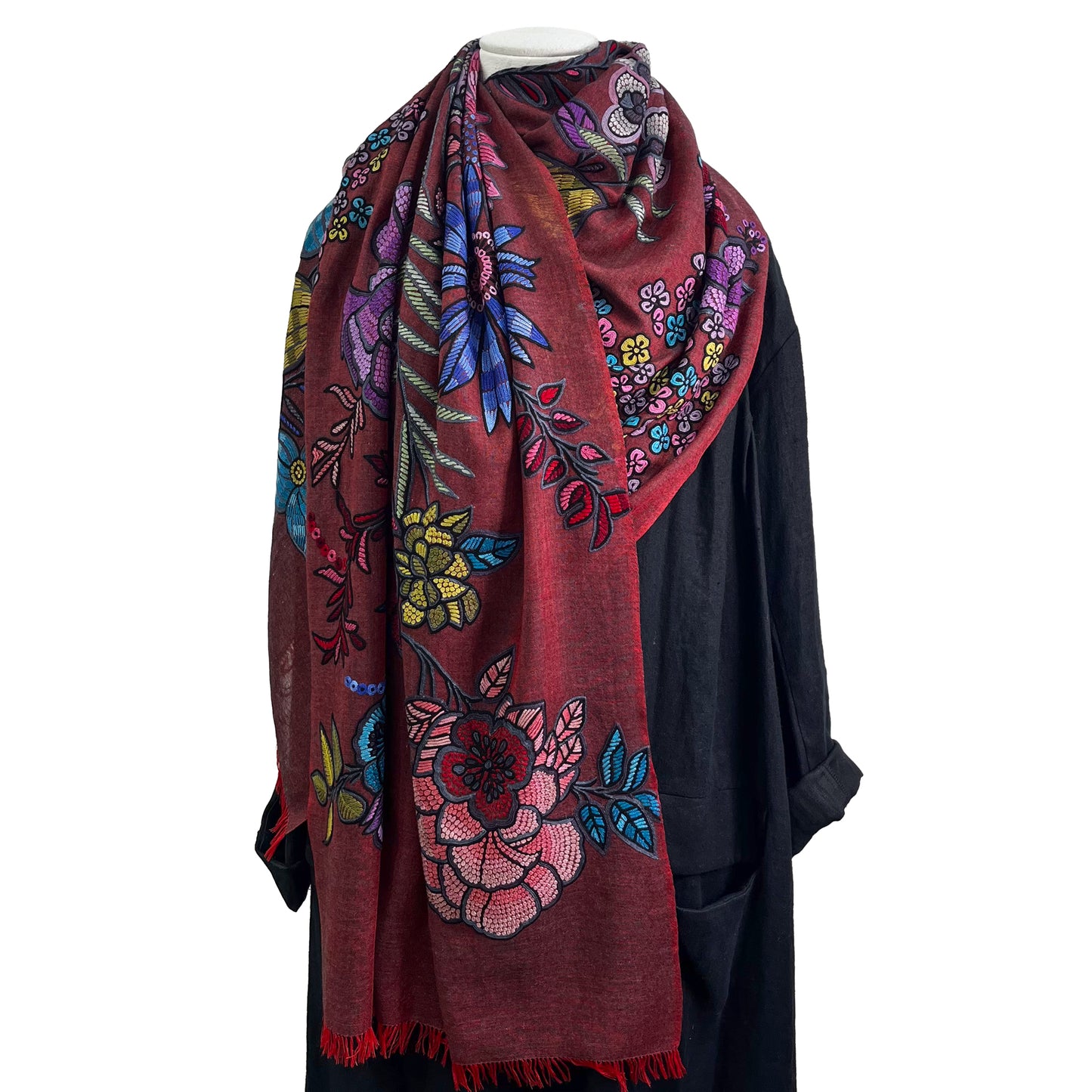 DARK FLOWER 薄手ウール&シルク アリー手刺繍ストール (ダークレッド)