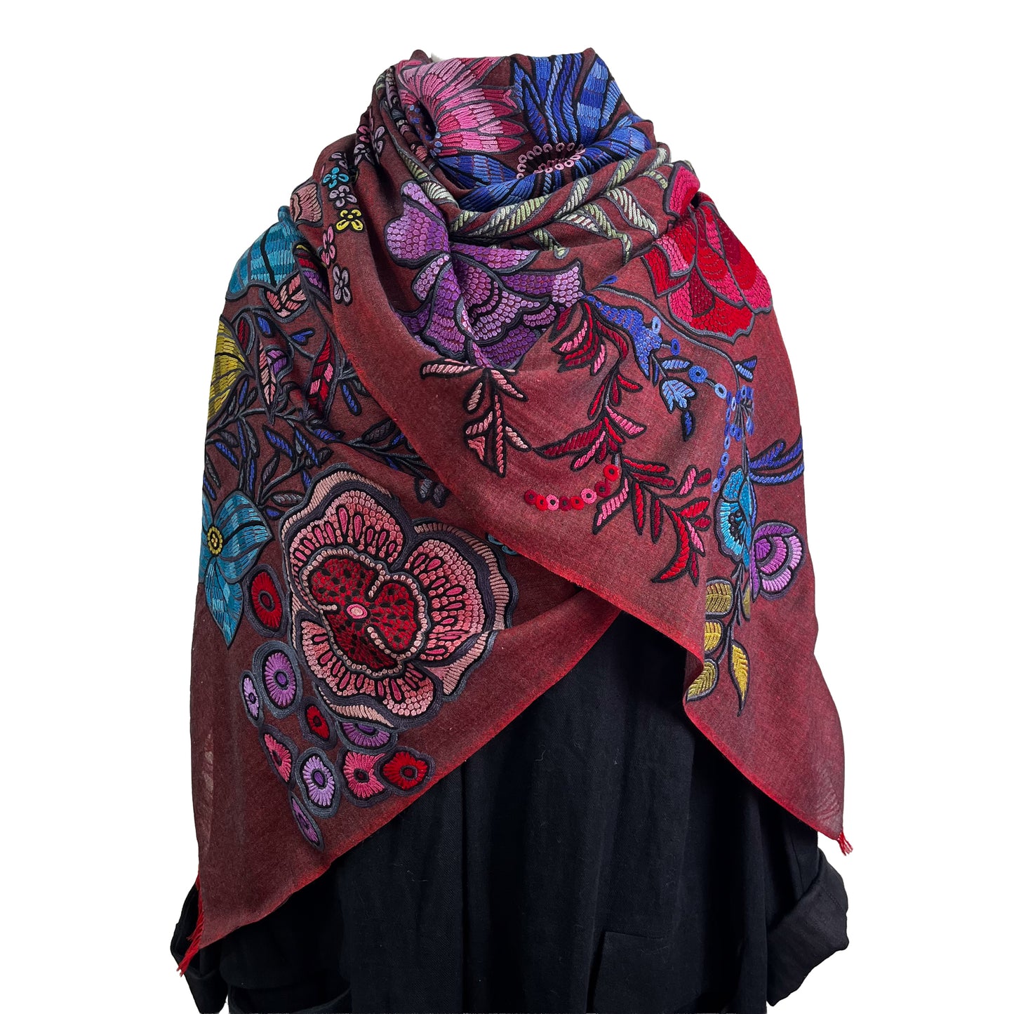 DARK FLOWER 薄手ウール&シルク アリー手刺繍ストール (ダークレッド)