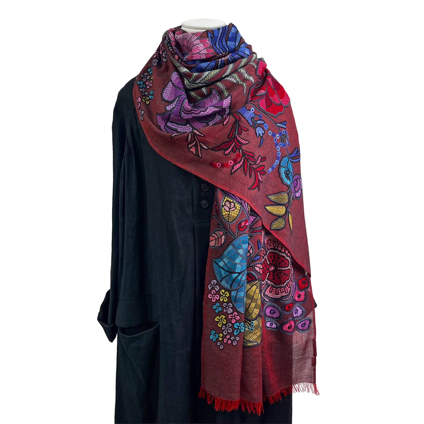 DARK FLOWER 薄手ウール&シルク アリー手刺繍ストール (ダークレッド)