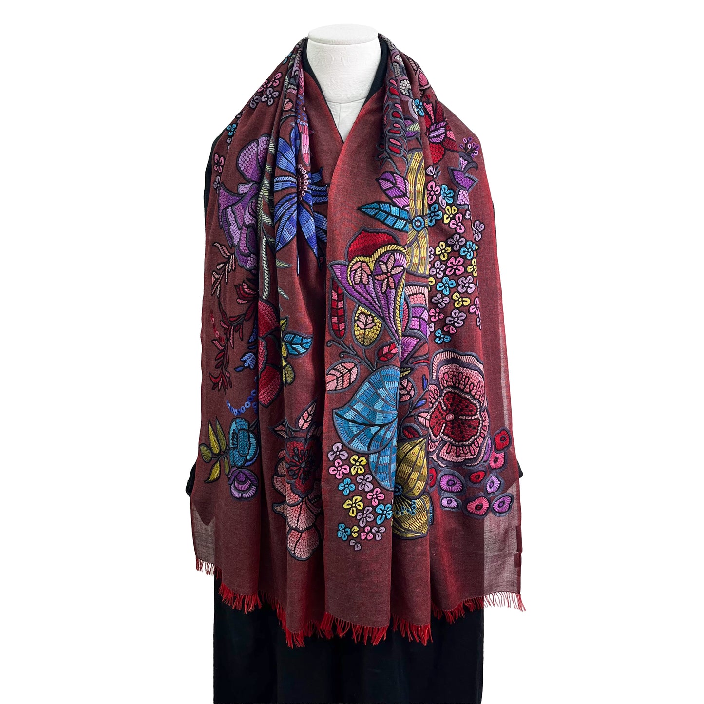 DARK FLOWER 薄手ウール&シルク アリー手刺繍ストール (ダークレッド)