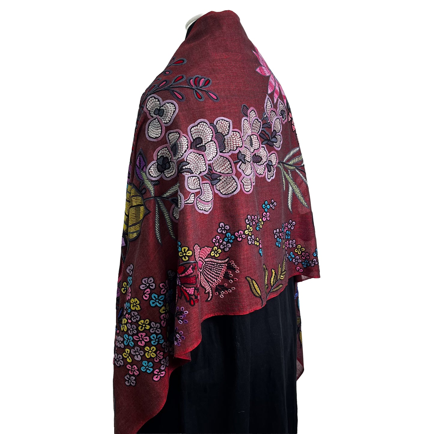 DARK FLOWER 薄手ウール&シルク アリー手刺繍ストール (ダークレッド)