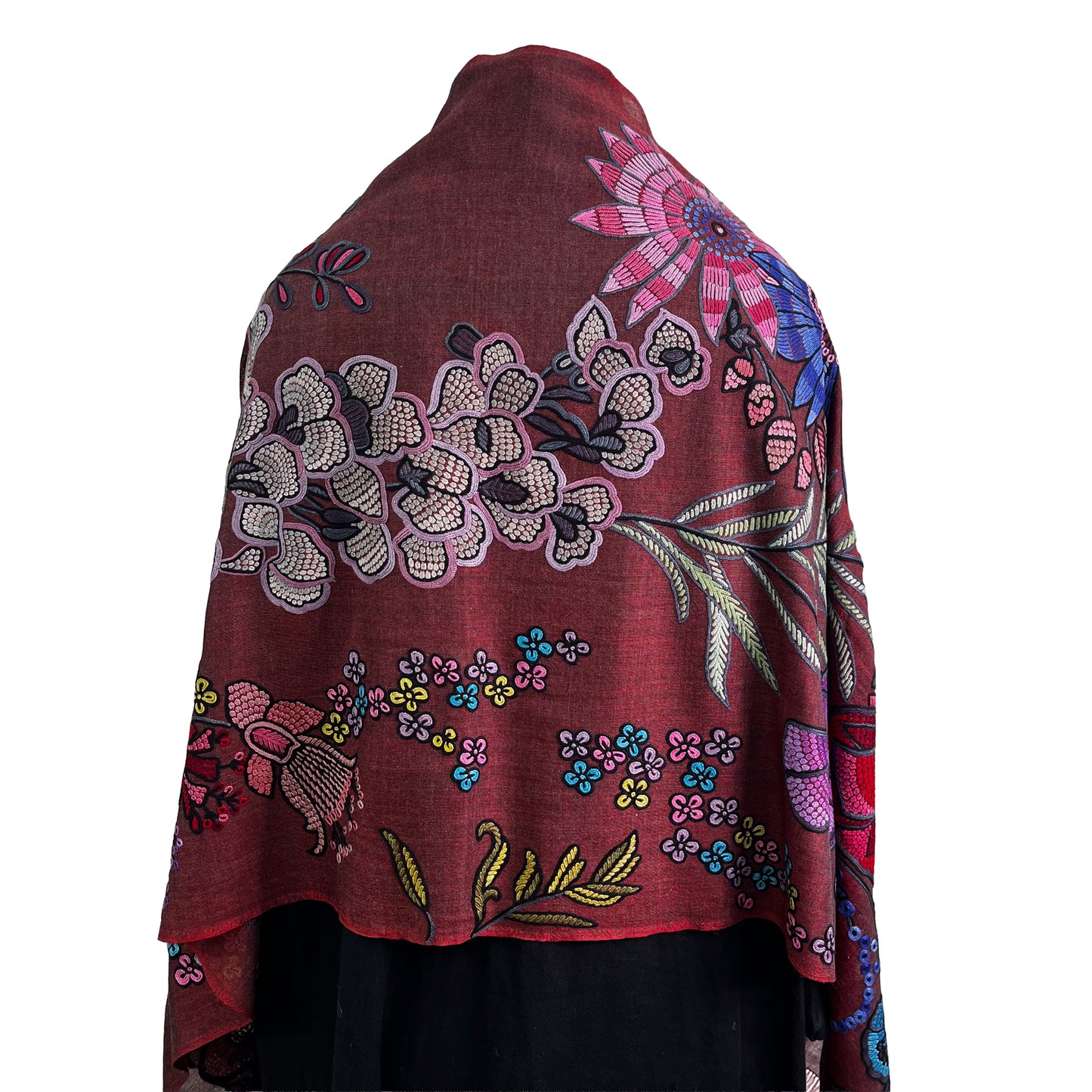 DARK FLOWER 薄手ウール&シルク アリー手刺繍ストール (ダークレッド)