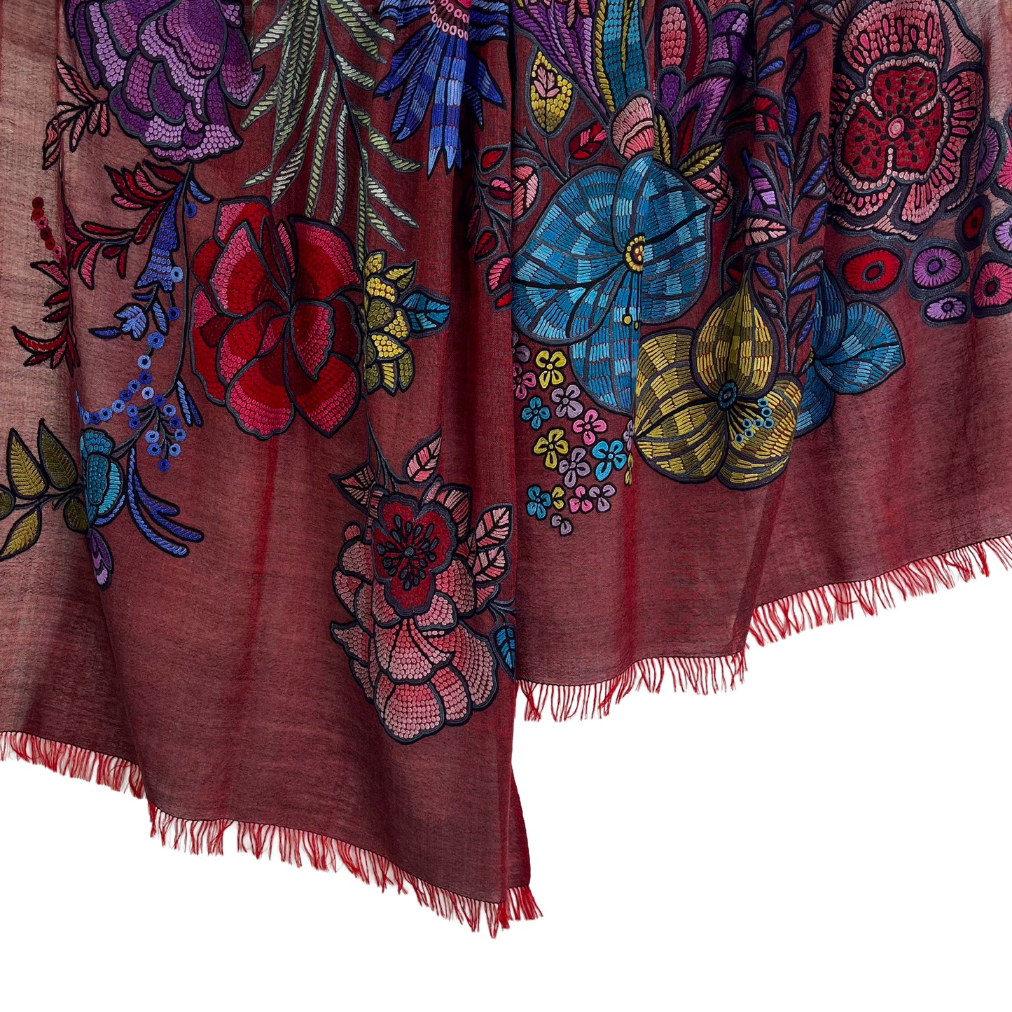 DARK FLOWER 薄手ウール&シルク アリー手刺繍ストール (ダークレッド)