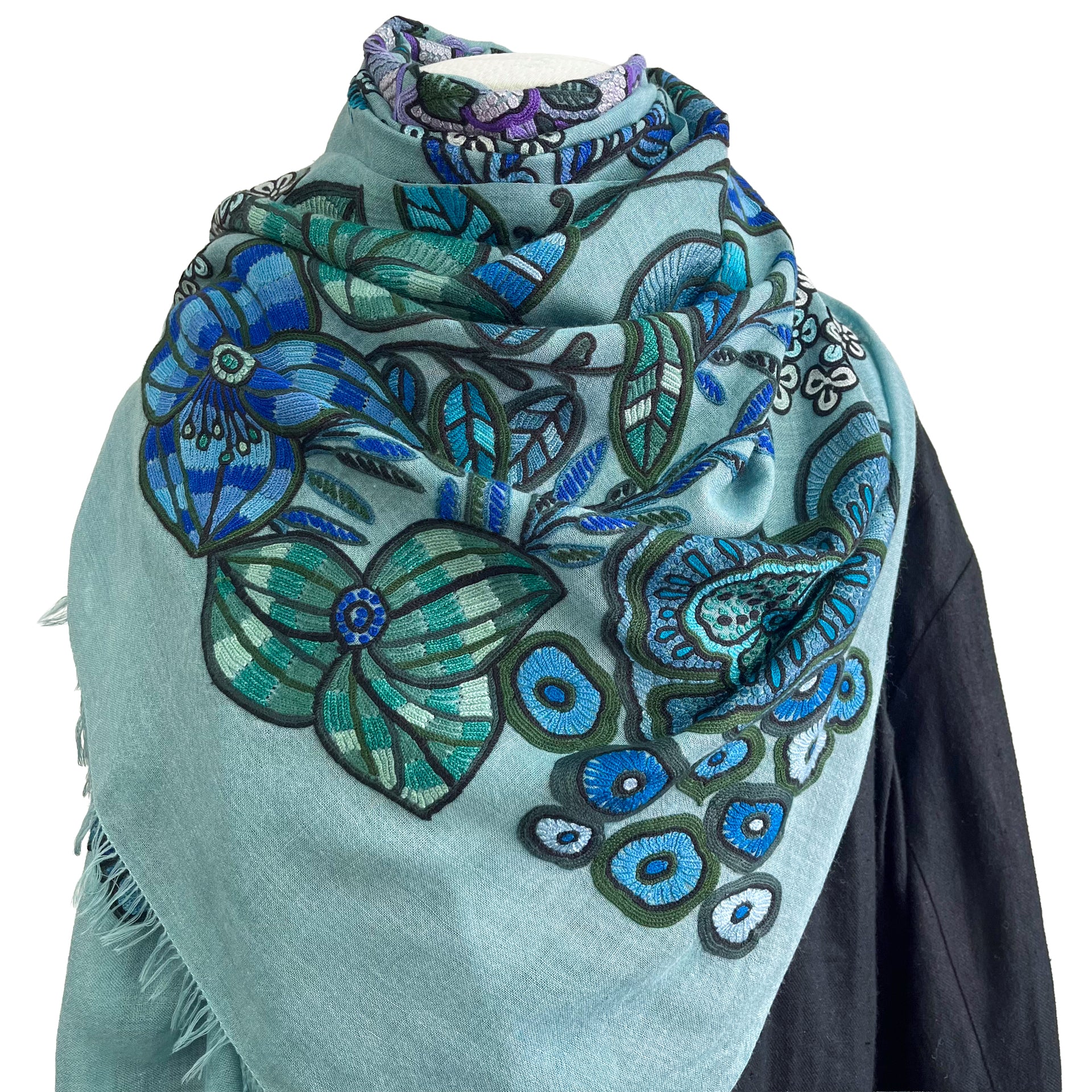 DARK FLOWER 薄手ウール&シルク アリー手刺繍ストール (ダルターコイズ