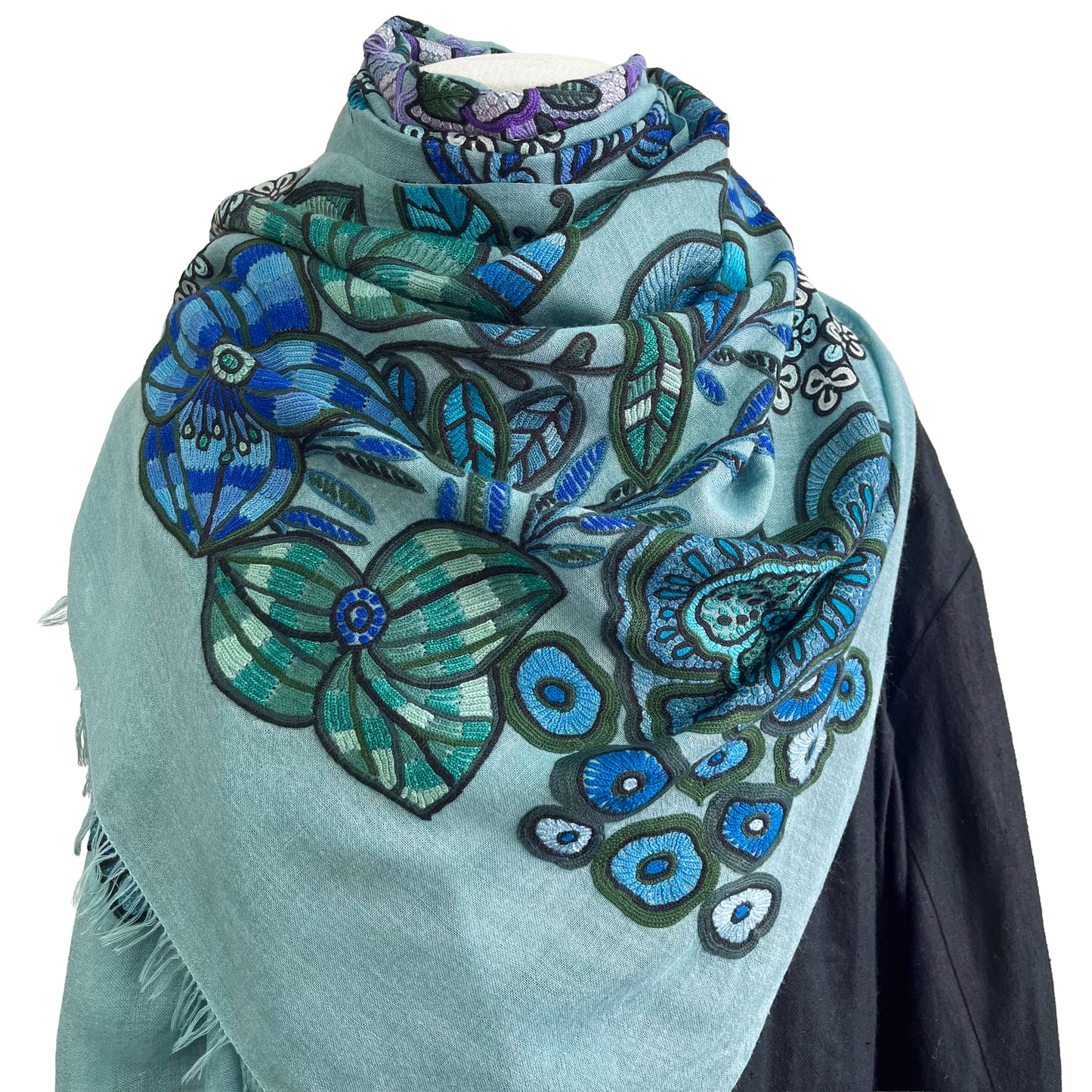 DREAM GARDEN 薄手ウール&シルク アリー手刺繍ストール (ダルターコイズ)