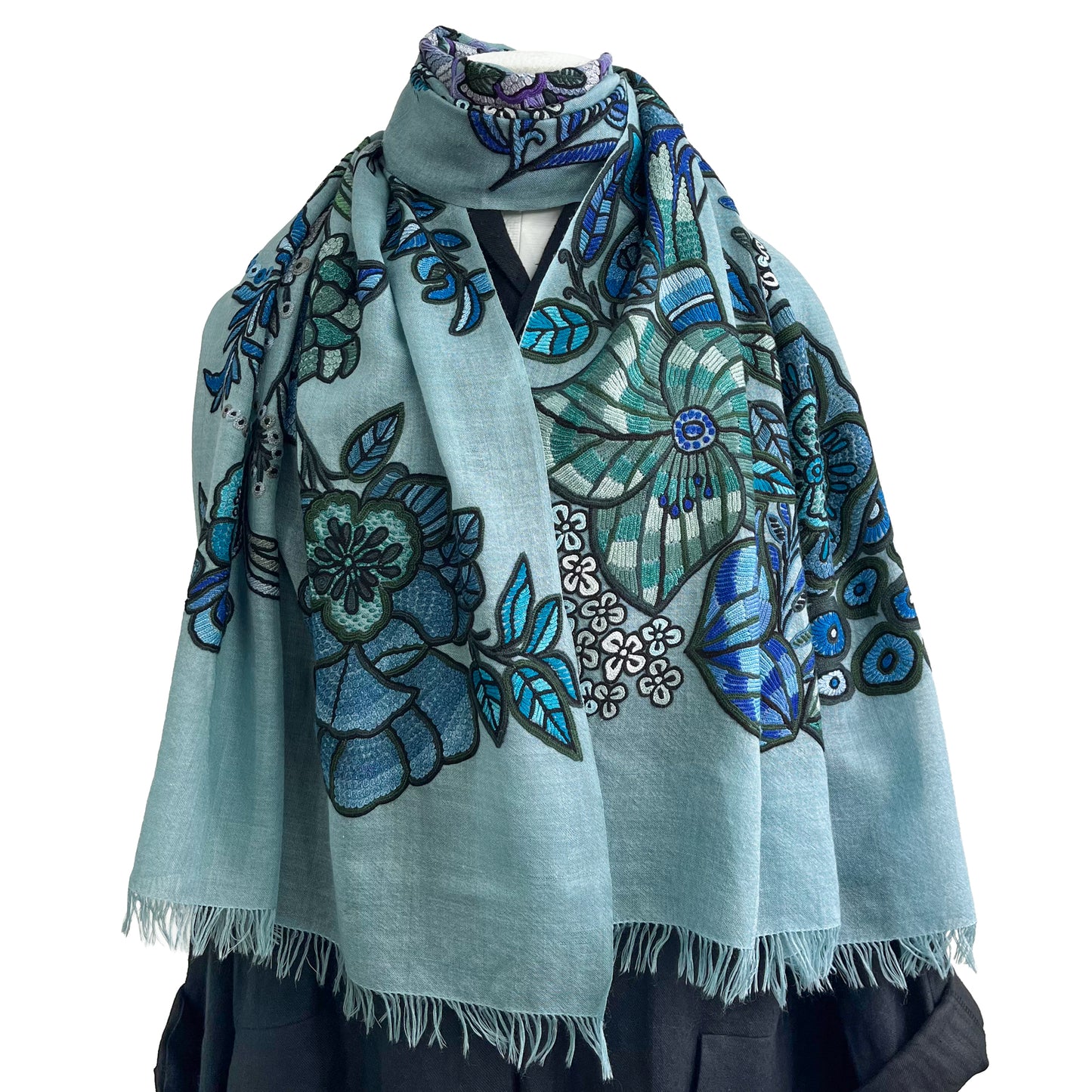 DREAM GARDEN 薄手ウール&シルク アリー手刺繍ストール (ダルターコイズ)