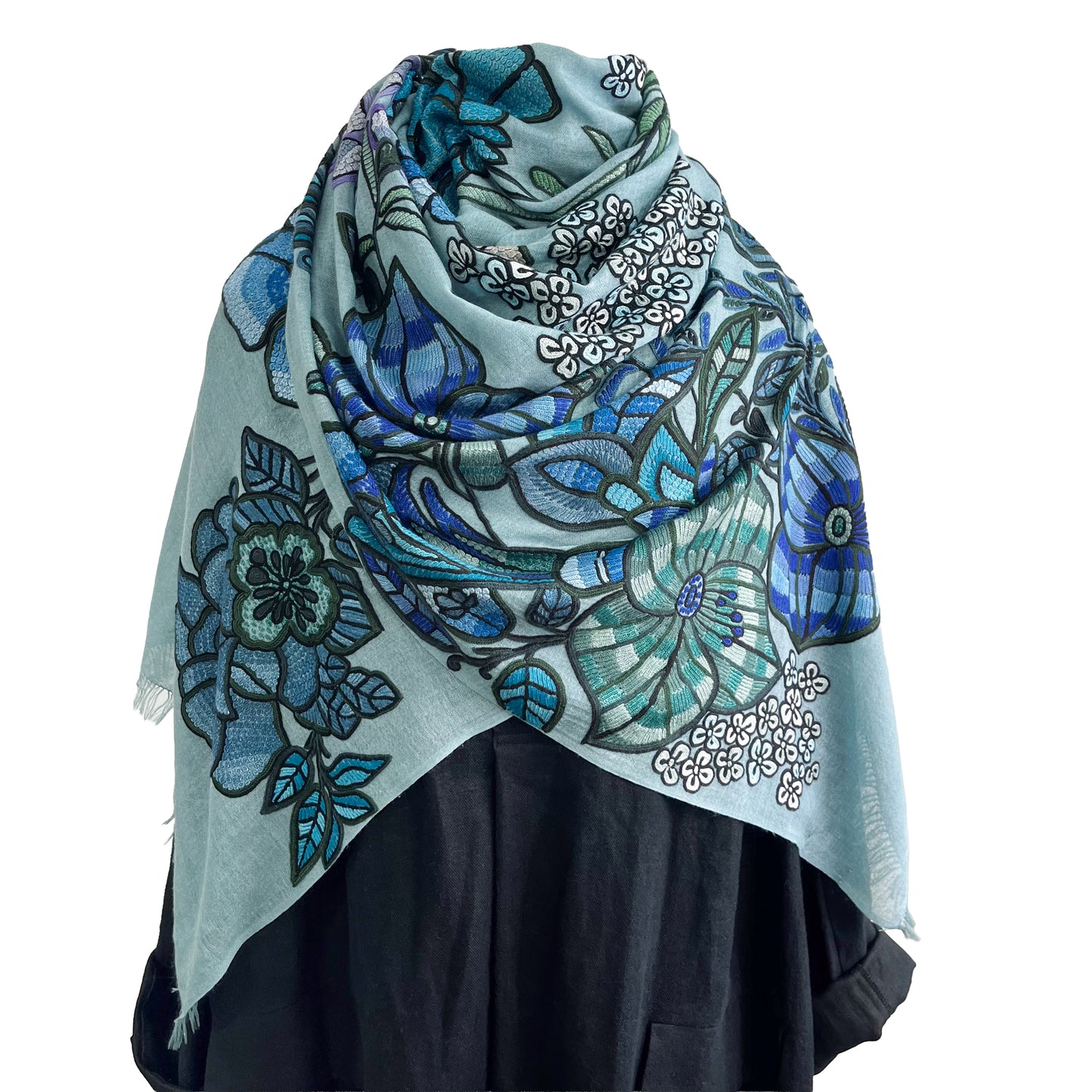 DREAM GARDEN 薄手ウール&シルク アリー手刺繍ストール (ダルターコイズ)