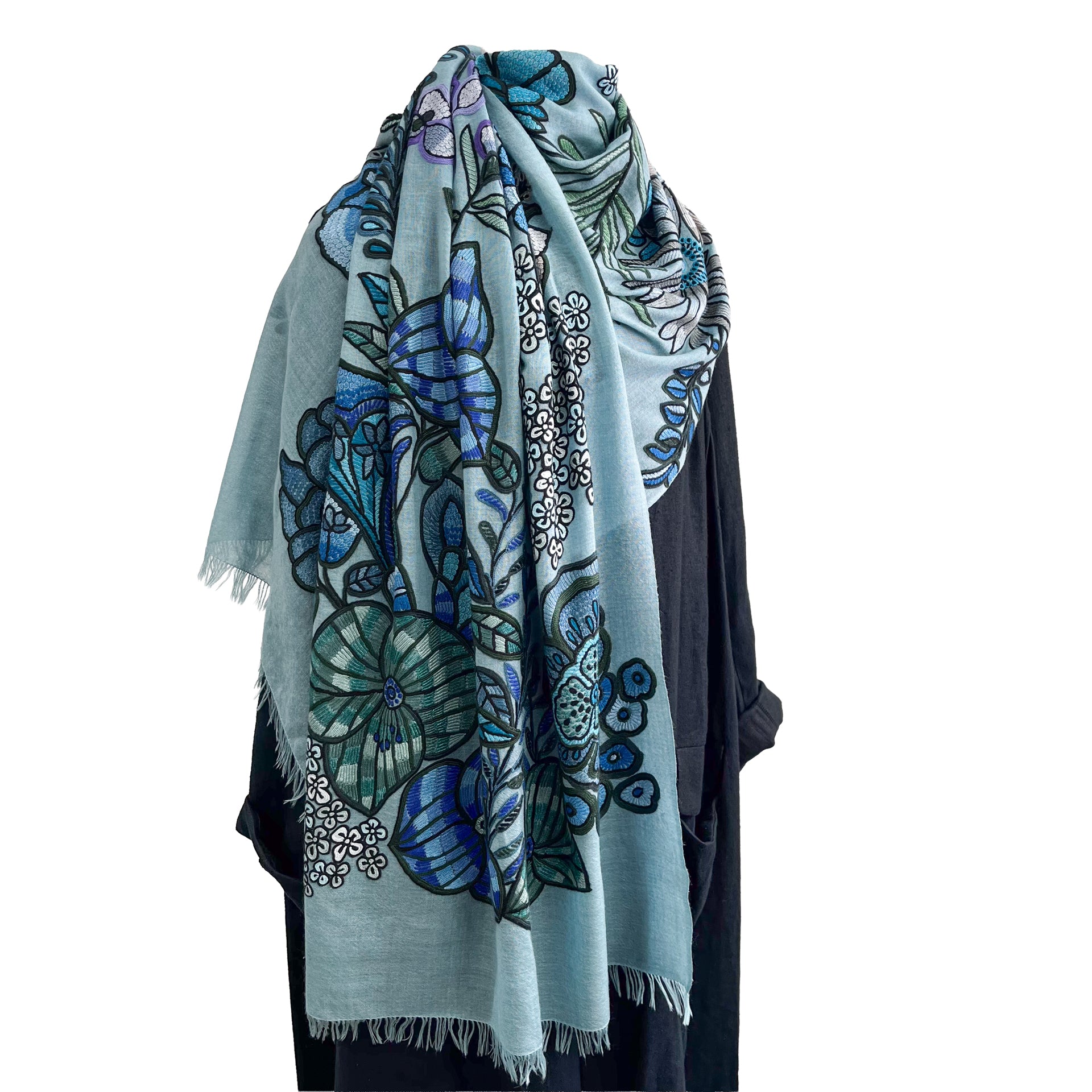 DARK FLOWER 薄手ウール&シルク アリー手刺繍ストール (ダルターコイズ