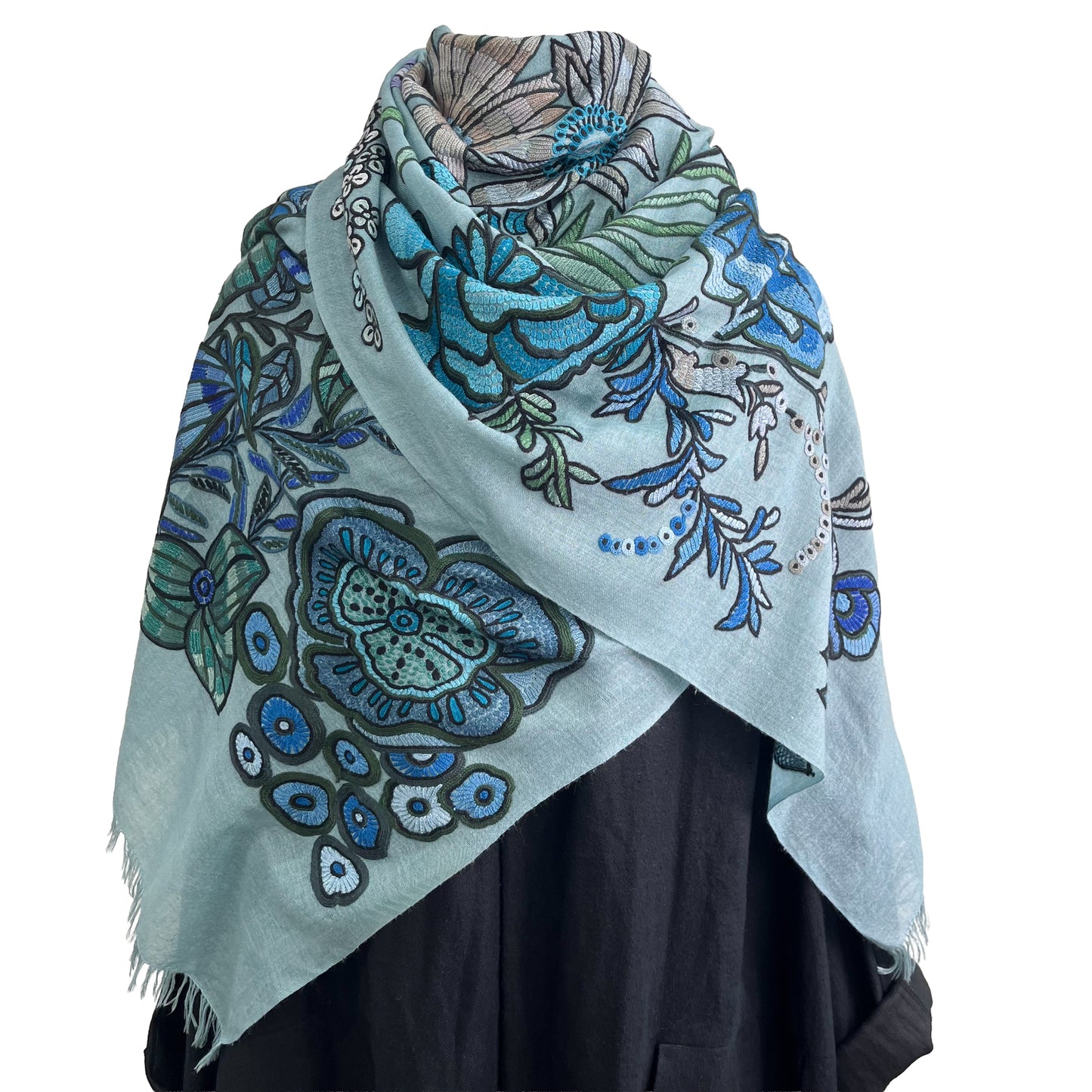 DREAM GARDEN 薄手ウール&シルク アリー手刺繍ストール (ダルターコイズ)