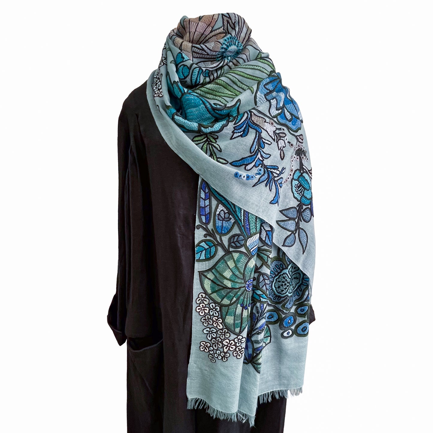 DREAM GARDEN 薄手ウール&シルク アリー手刺繍ストール (ダルターコイズ)