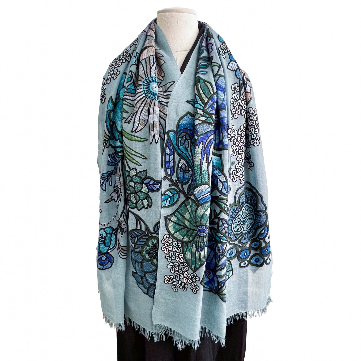 DREAM GARDEN 薄手ウール&シルク アリー手刺繍ストール (ダルターコイズ)