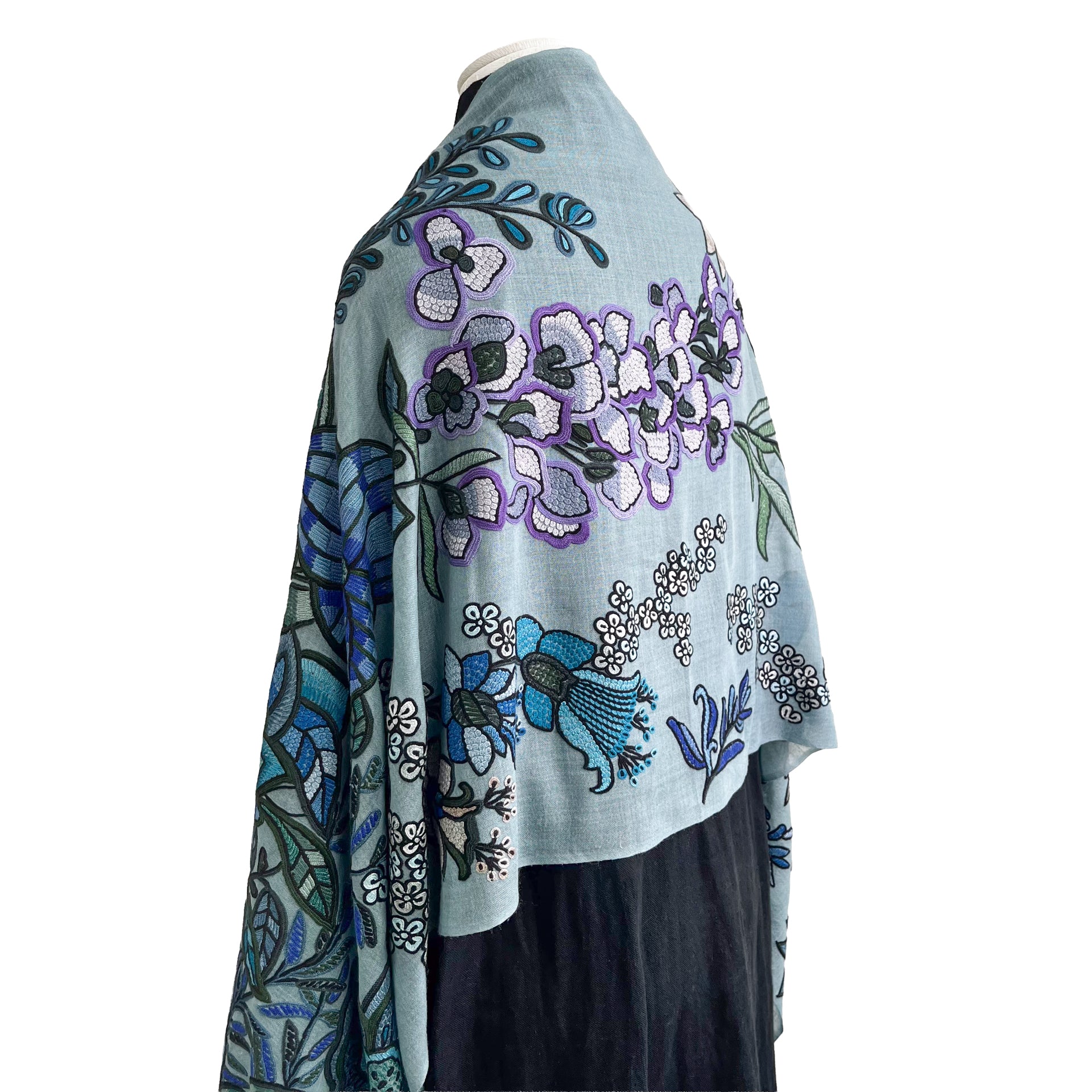 DARK FLOWER 薄手ウール&シルク アリー手刺繍ストール (ダルターコイズ