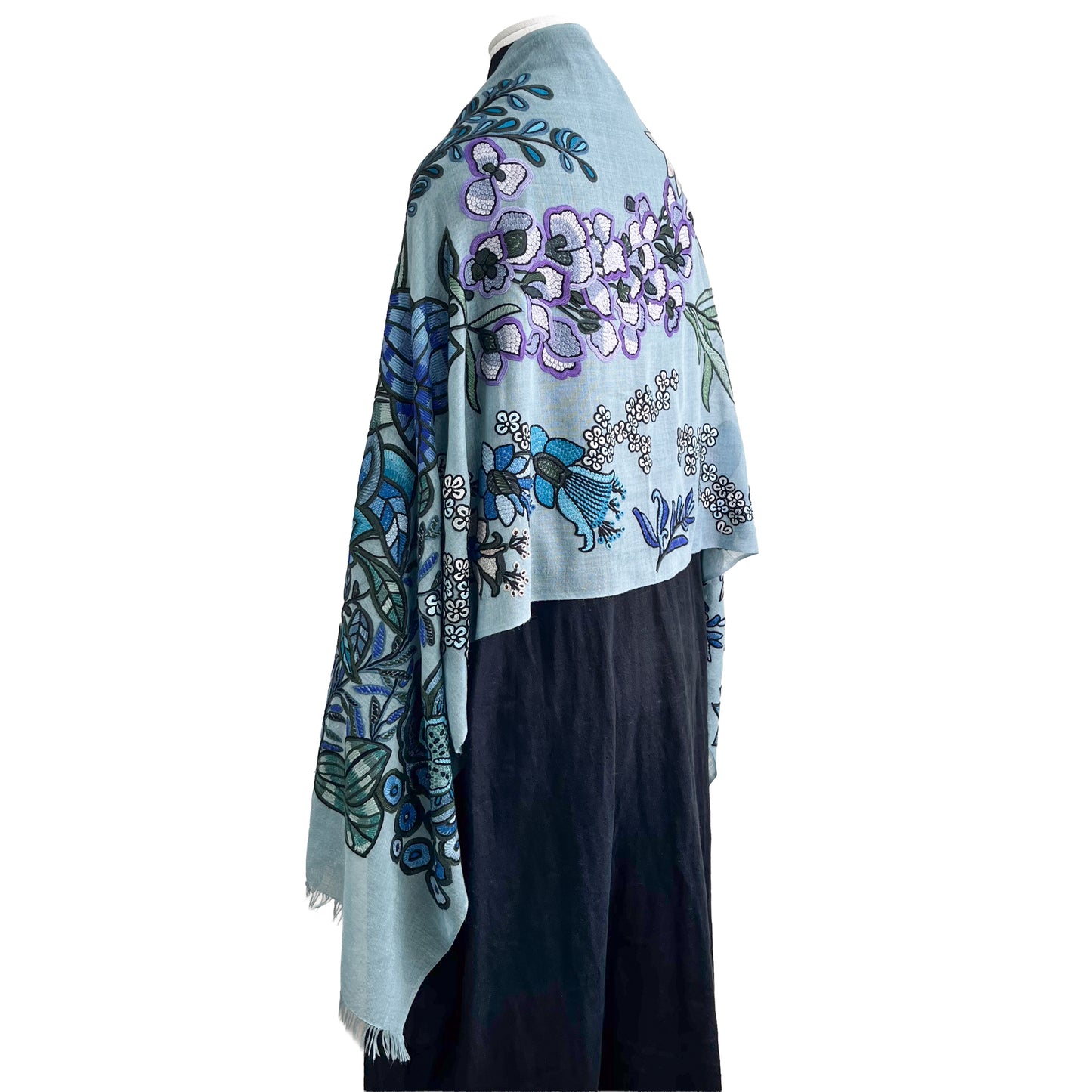DREAM GARDEN 薄手ウール&シルク アリー手刺繍ストール (ダルターコイズ)