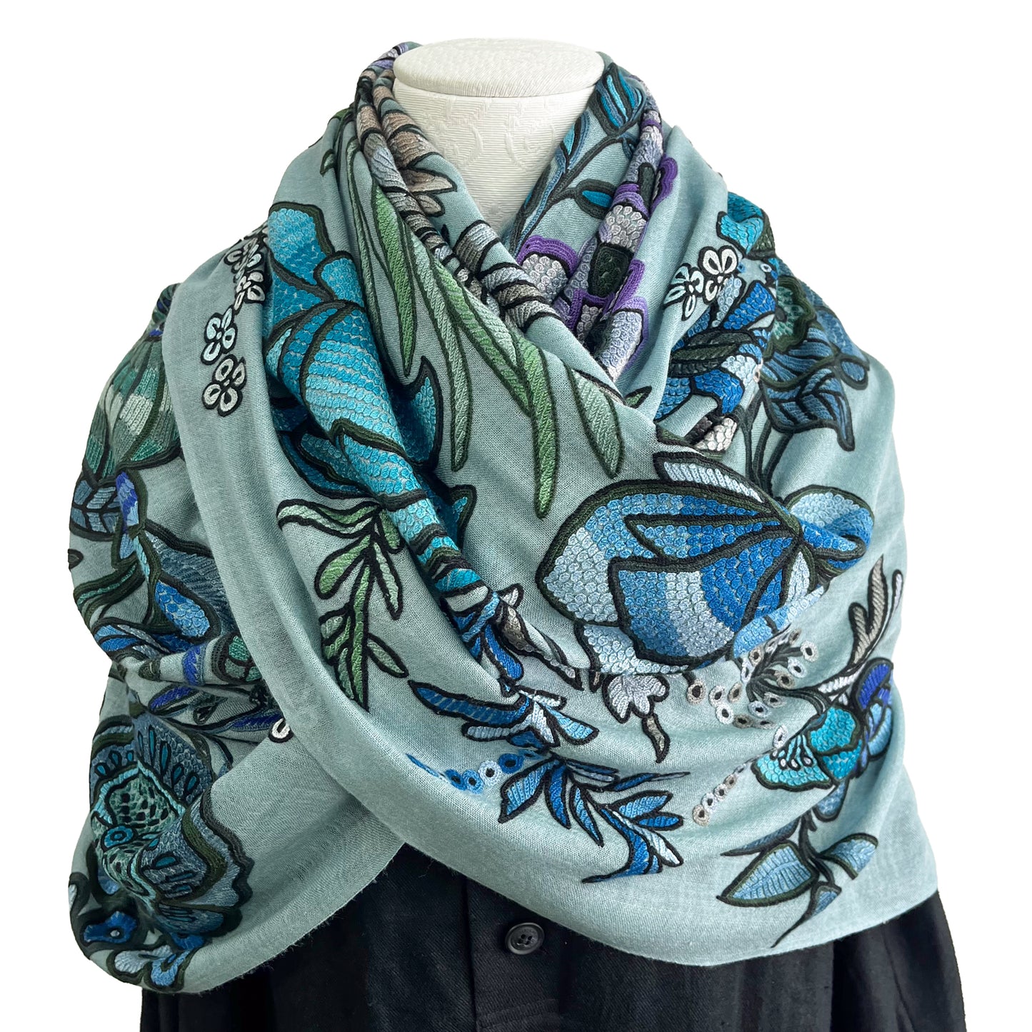 DREAM GARDEN 薄手ウール&シルク アリー手刺繍ストール (ダルターコイズ)