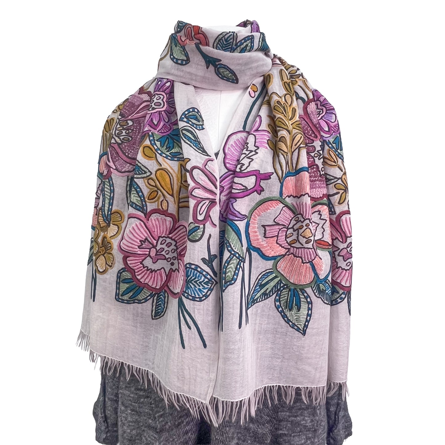 [Free Shipping] Big Flower Wool &amp; Silk Allie Hand Embroidered Stole 180cm x 60cm (Light Pink)