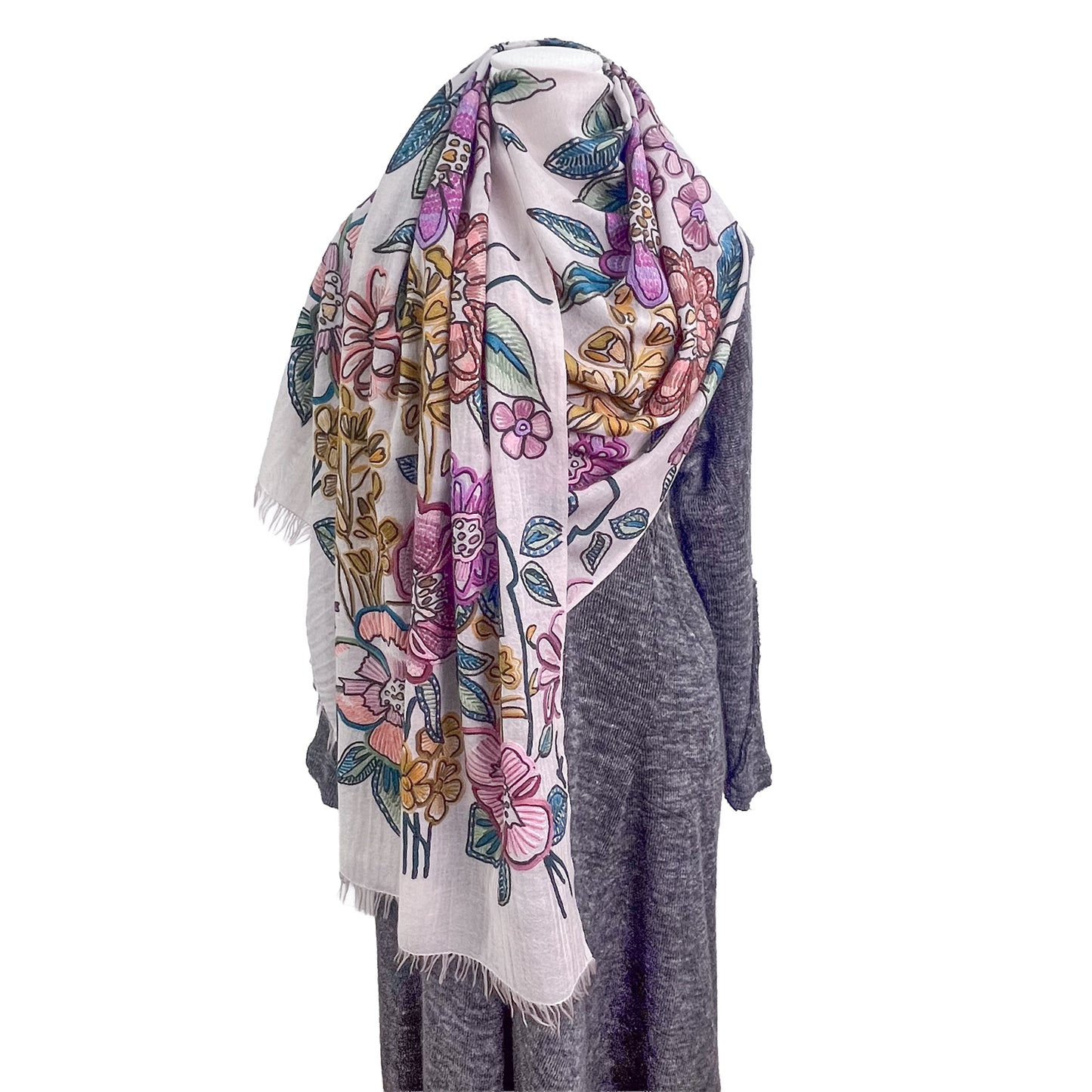 [Free Shipping] Big Flower Wool &amp; Silk Allie Hand Embroidered Stole 180cm x 60cm (Light Pink)