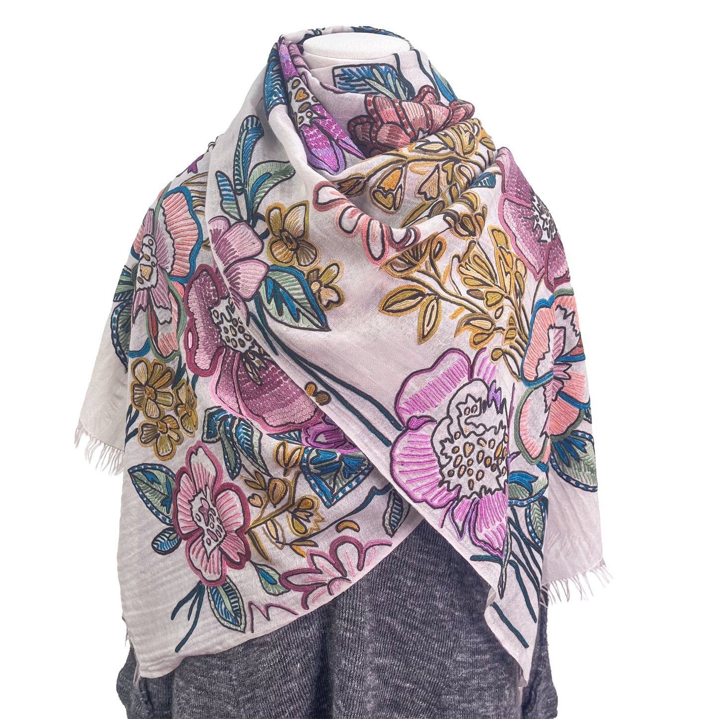 [Free Shipping] Big Flower Wool &amp; Silk Allie Hand Embroidered Stole 180cm x 60cm (Light Pink)