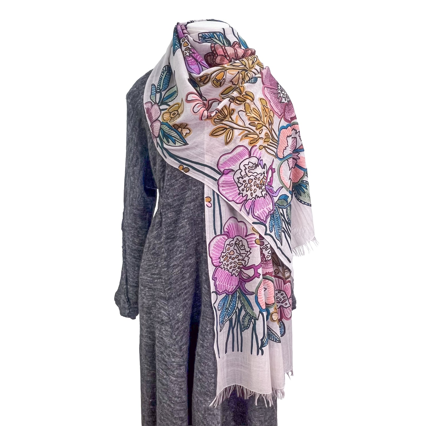 [Free Shipping] Big Flower Wool &amp; Silk Allie Hand Embroidered Stole 180cm x 60cm (Light Pink)