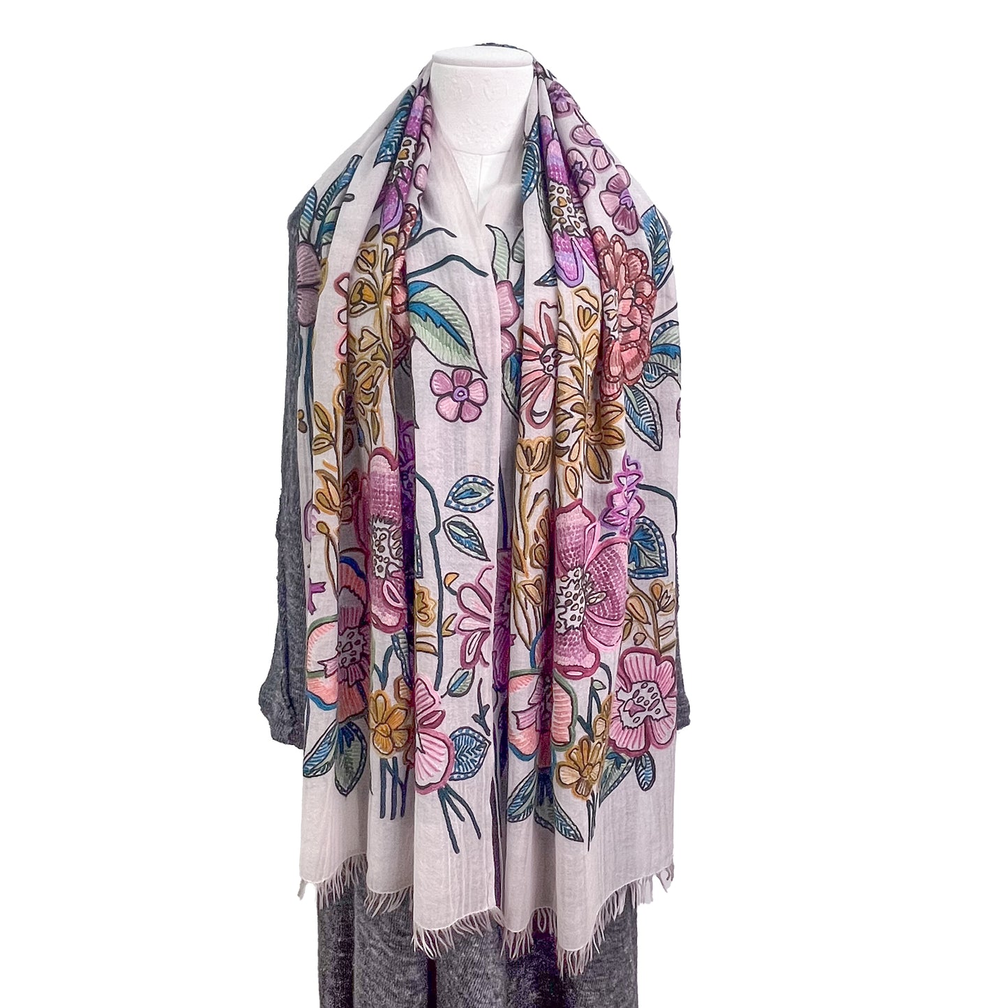 [Free Shipping] Big Flower Wool &amp; Silk Allie Hand Embroidered Stole 180cm x 60cm (Light Pink)