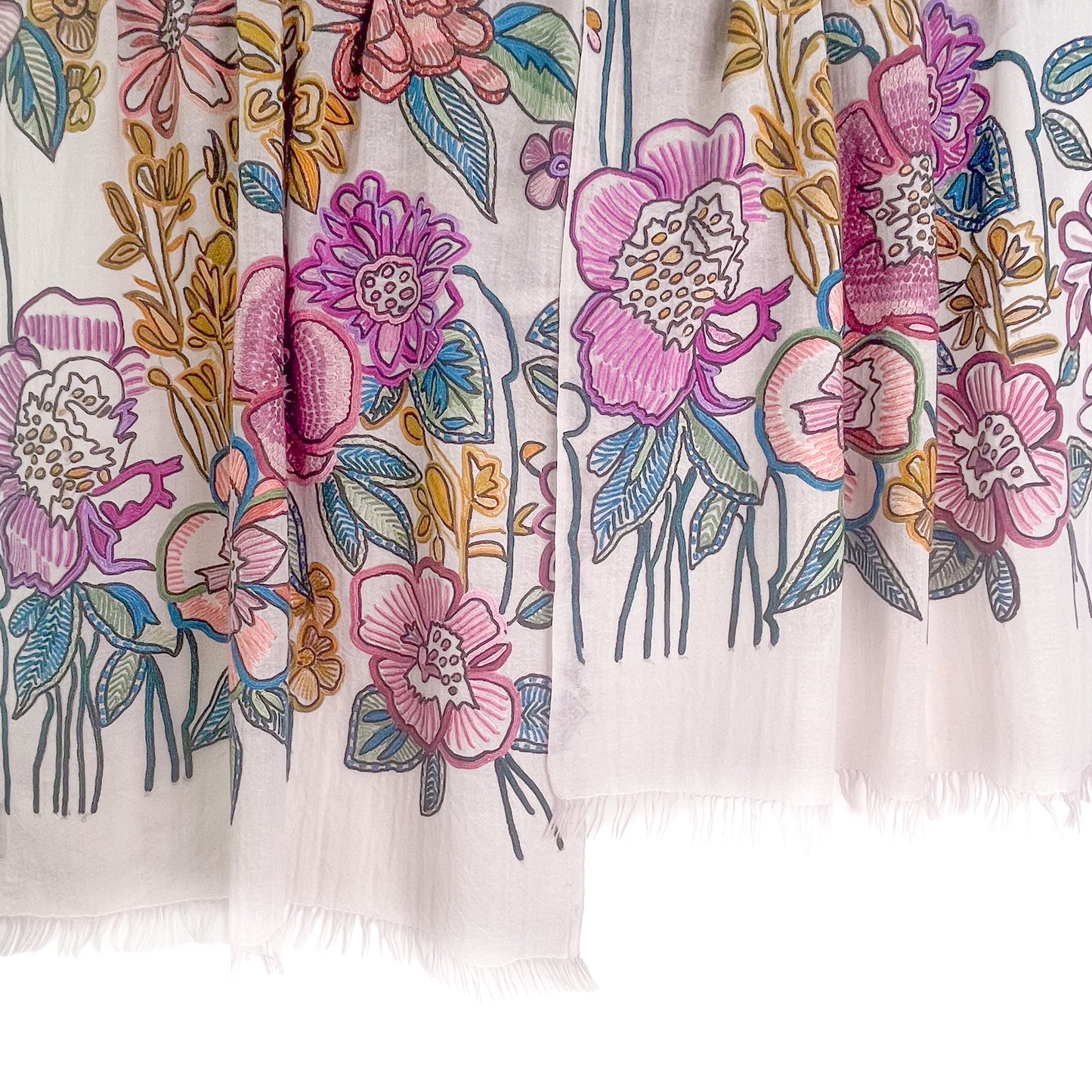 [Free Shipping] Big Flower Wool &amp; Silk Allie Hand Embroidered Stole 180cm x 60cm (Light Pink)