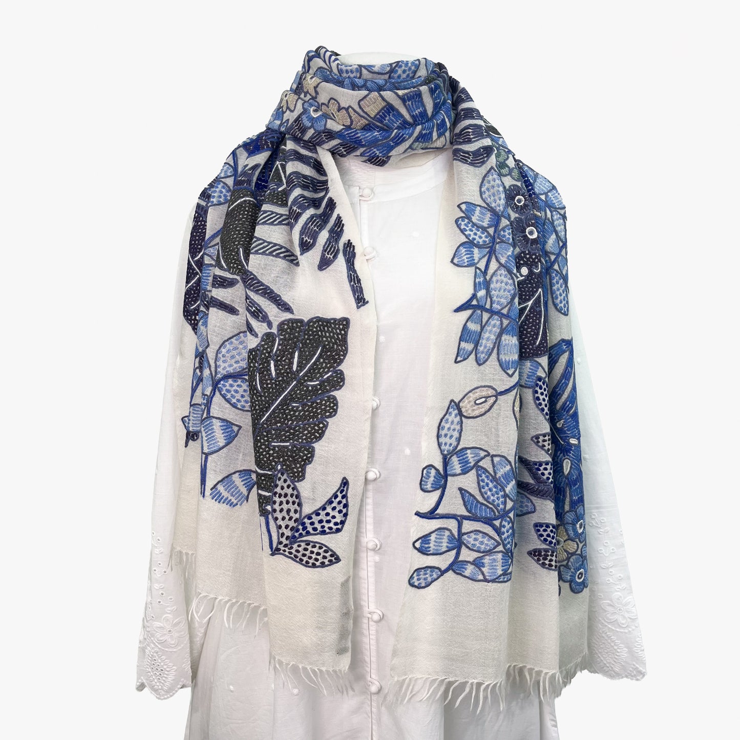 NEW VIVID FLOWERS薄手ウール&シルク アリー手刺繍ストール (ホワイト/ブルー)