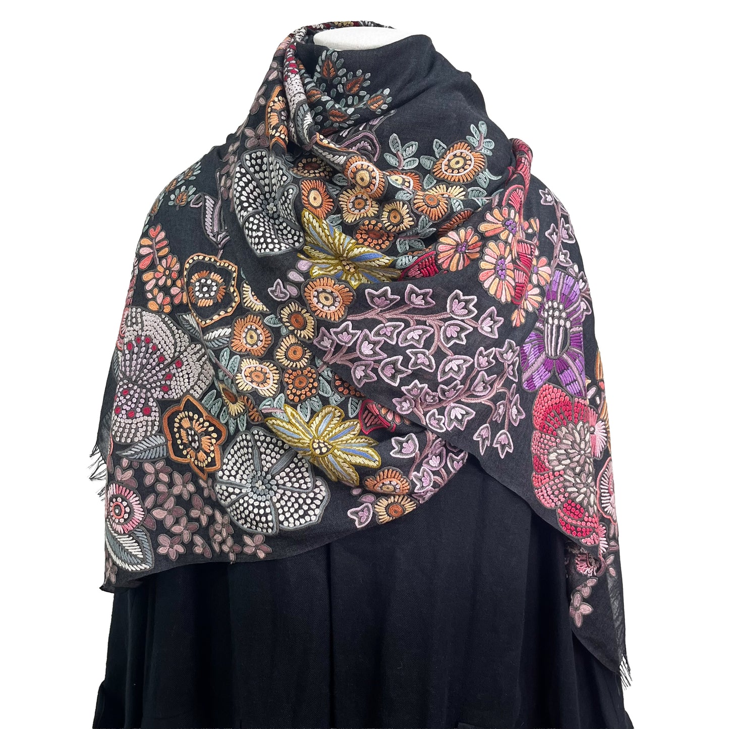 FLOWER TRAIN　薄手ウール&シルク アリー手刺繍ストール(オフブラック)