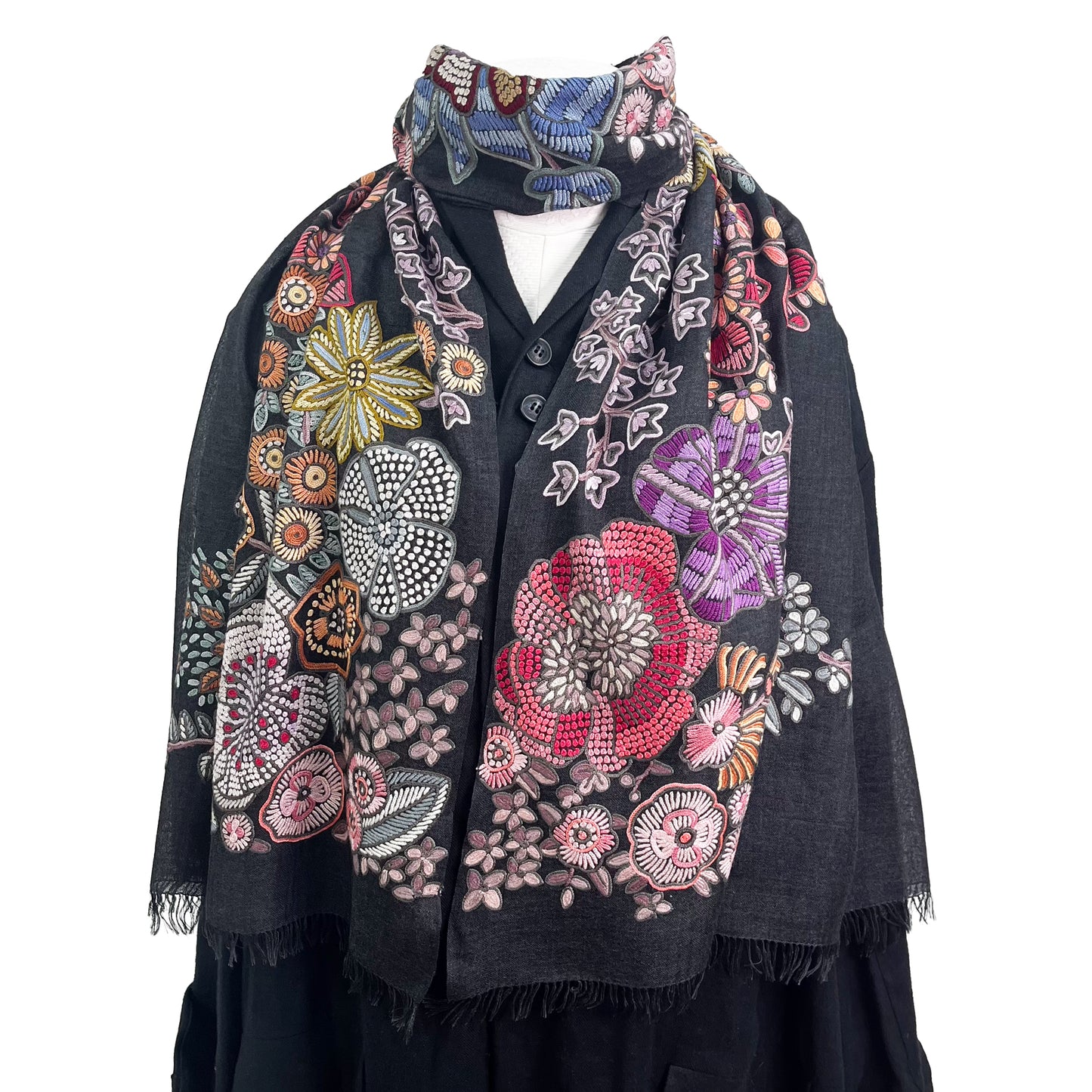 FLOWER TRAIN　薄手ウール&シルク アリー手刺繍ストール(オフブラック)