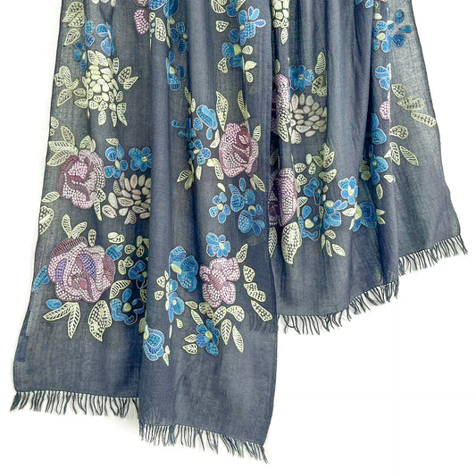 Wool &amp; Silk Ally Hand Embroidered Stole (Dark Grey)