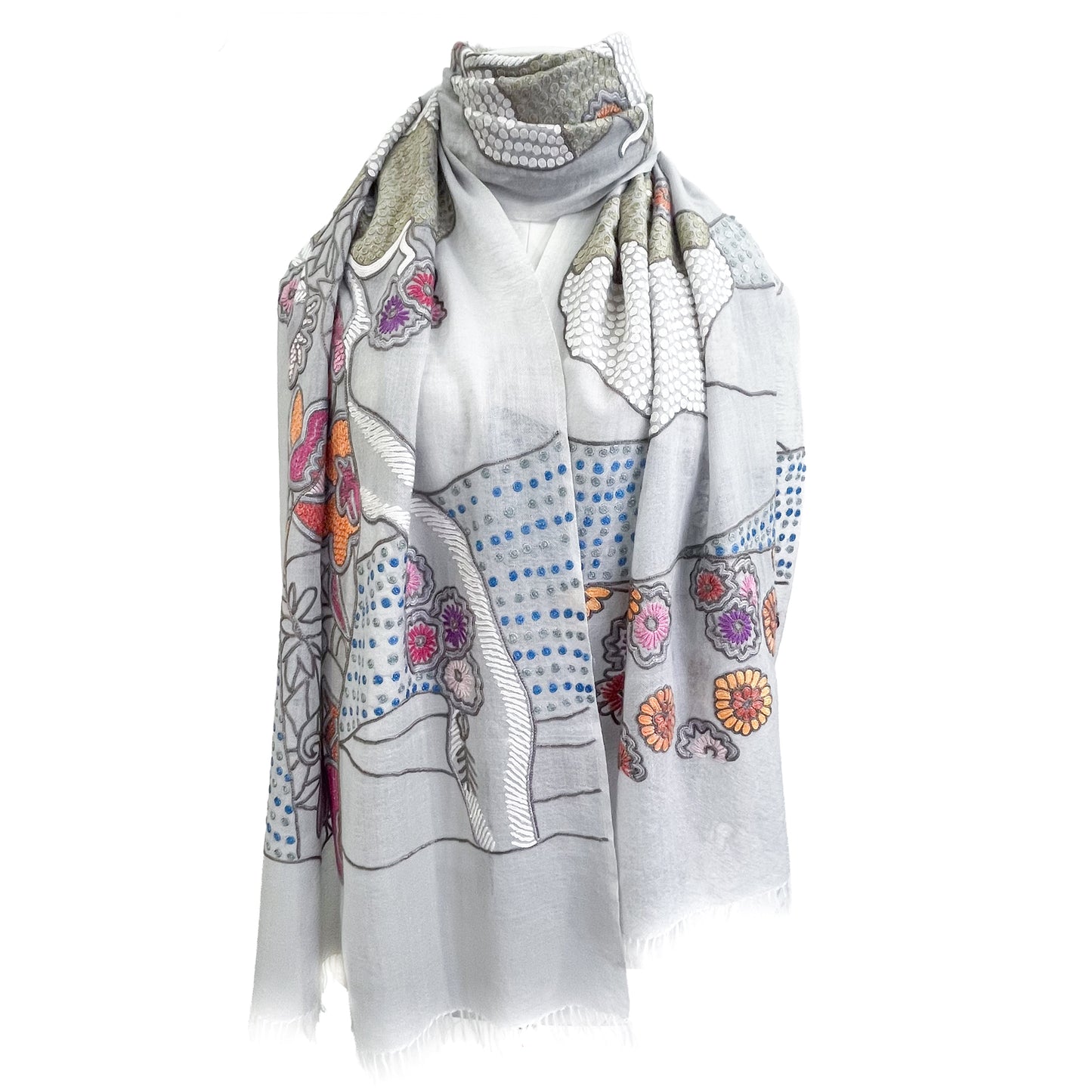 薄手ウール&シルク アリー手刺繍ストール (グレー)