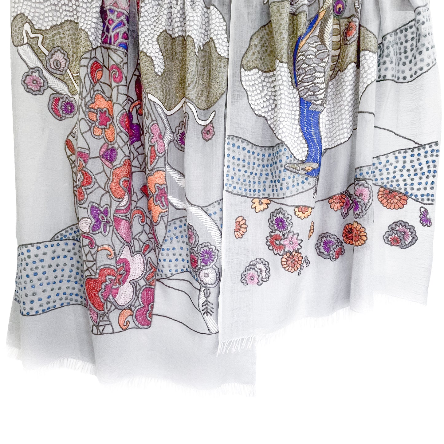 薄手ウール&シルク アリー手刺繍ストール (グレー)