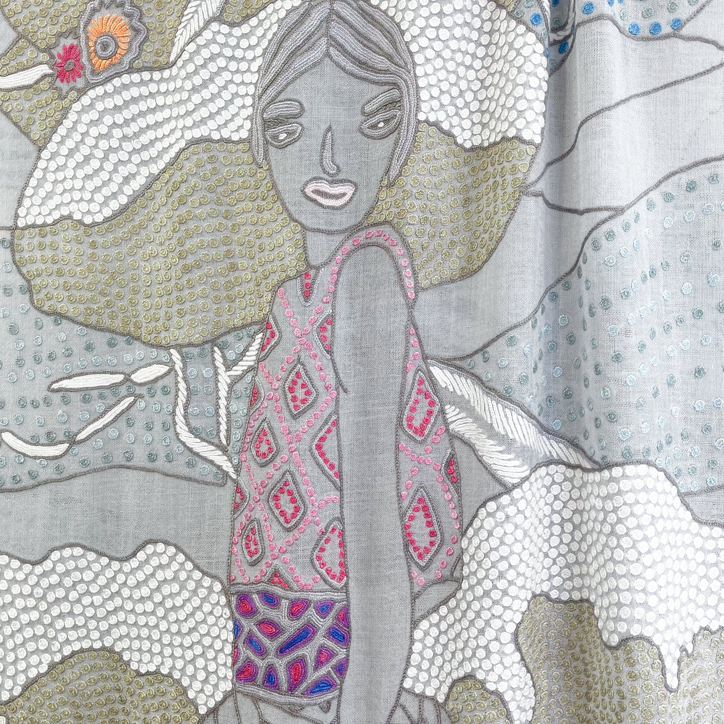 薄手ウール&シルク アリー手刺繍ストール (グレー)