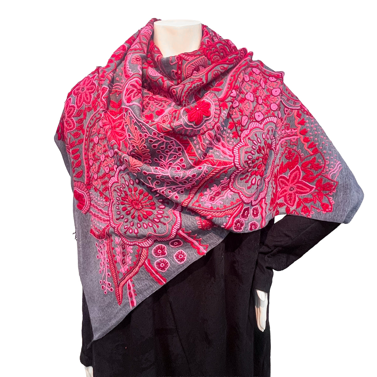 Arabesque 薄手ウール&シルク アリー手刺繍ストール (ダークグレー/レッド)