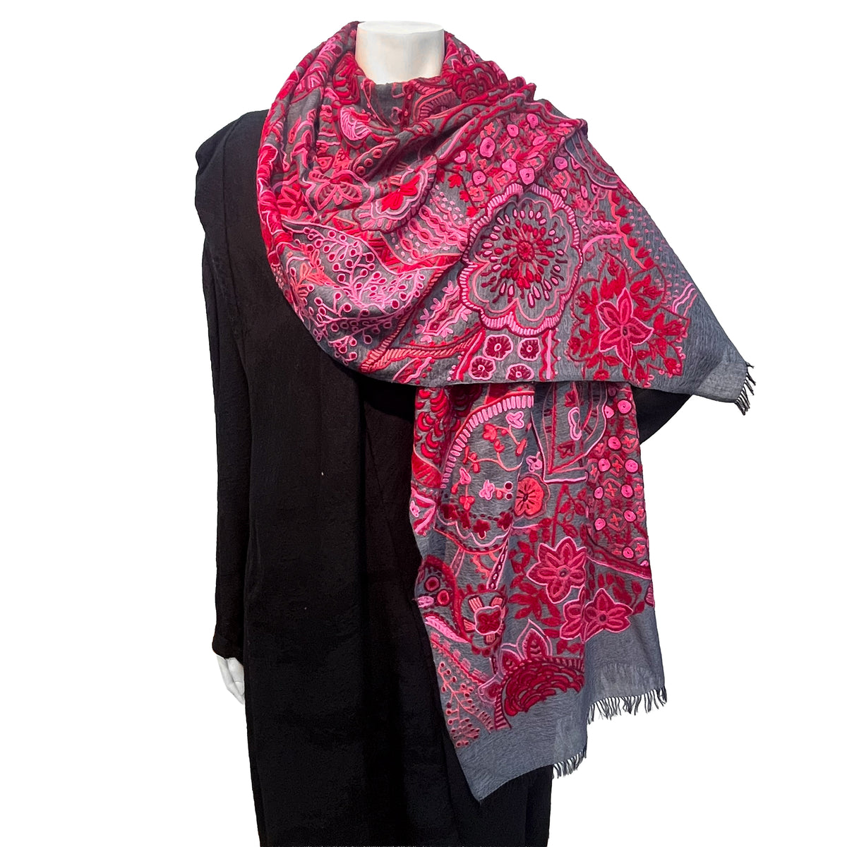 Arabesque 薄手ウール&シルク アリー手刺繍ストール (ダークグレー/レッド)