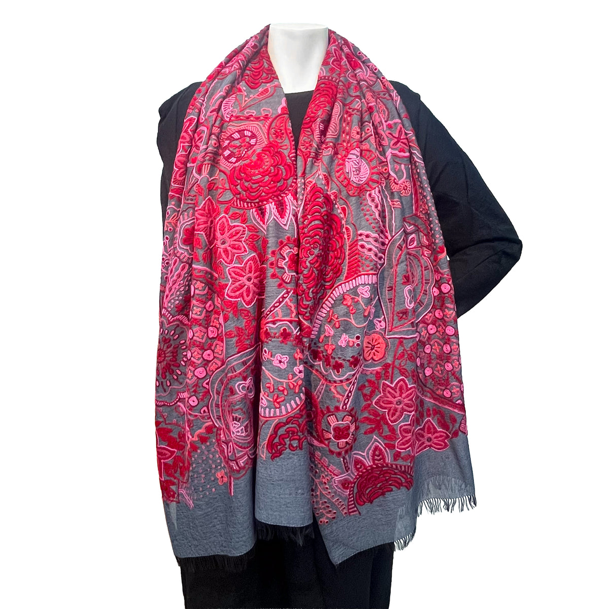Arabesque 薄手ウール&シルク アリー手刺繍ストール (ダークグレー/レッド)