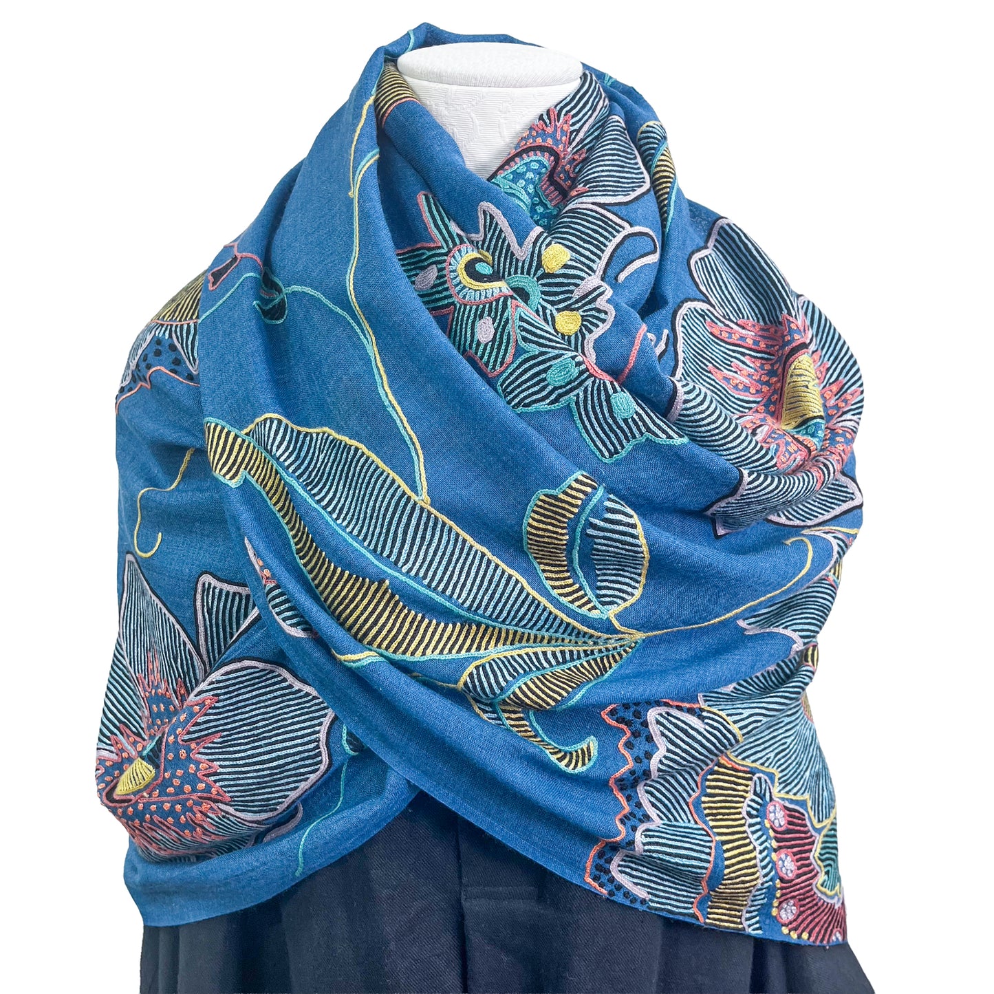 Fusion Flowers　ウール&シルク アリー手刺繍ストール　(ターコイズ)