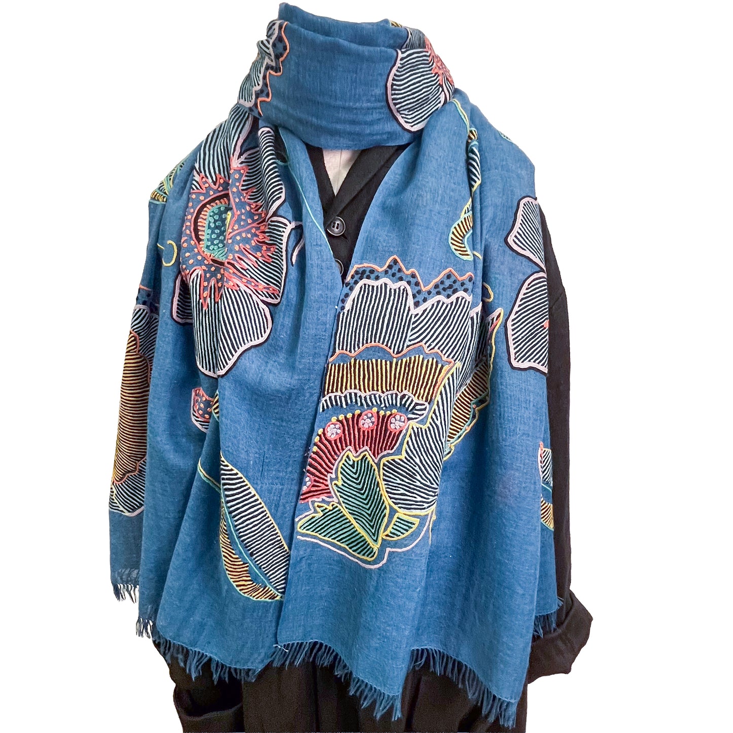 Fusion Flowers　ウール&シルク アリー手刺繍ストール　(ターコイズ)