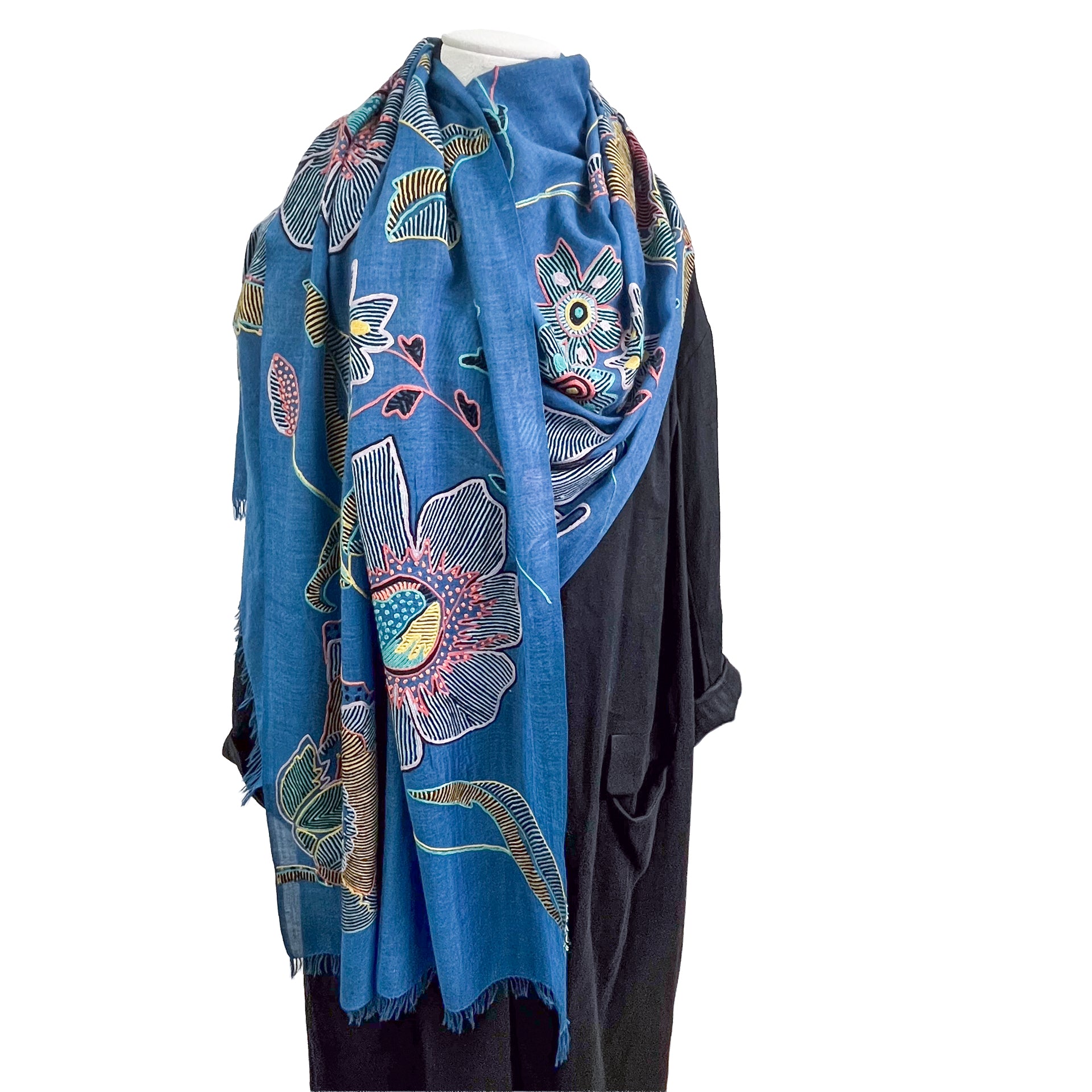 Fusion Flowers ウール&シルク アリー手刺繍ストール (ターコイズ