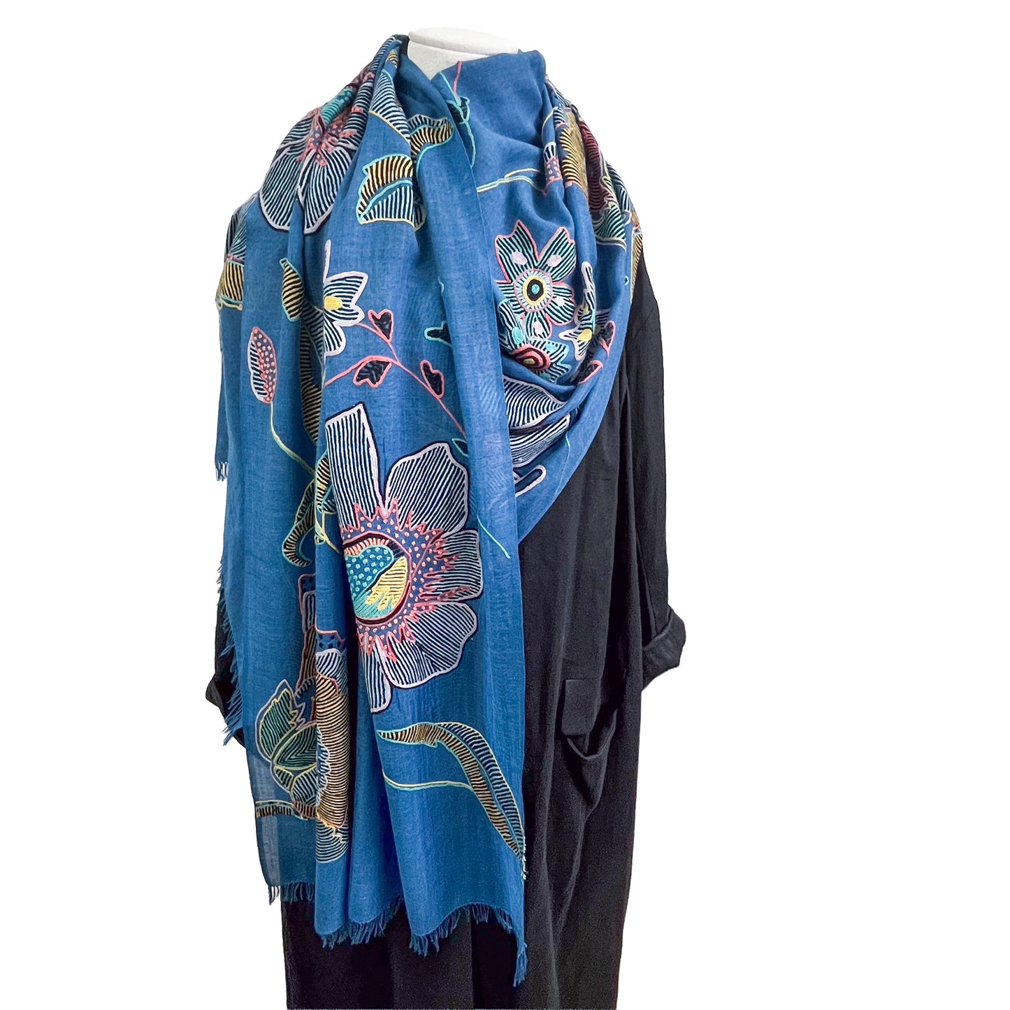 Fusion Flowers　ウール&シルク アリー手刺繍ストール　(ターコイズ)