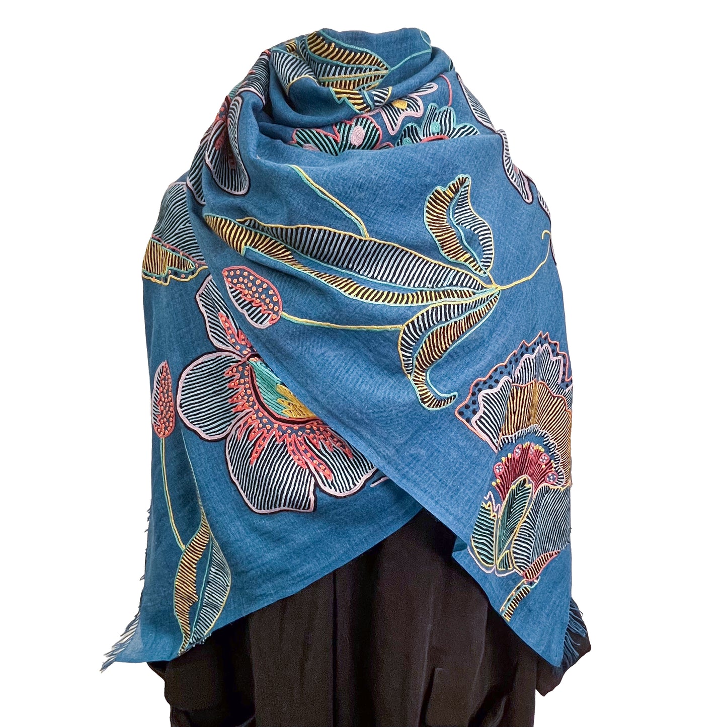 Fusion Flowers　ウール&シルク アリー手刺繍ストール　(ターコイズ)