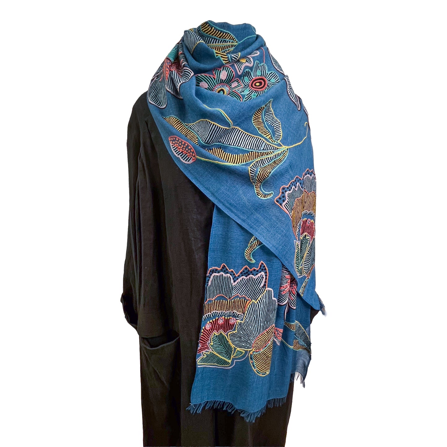 Fusion Flowers　ウール&シルク アリー手刺繍ストール　(ターコイズ)