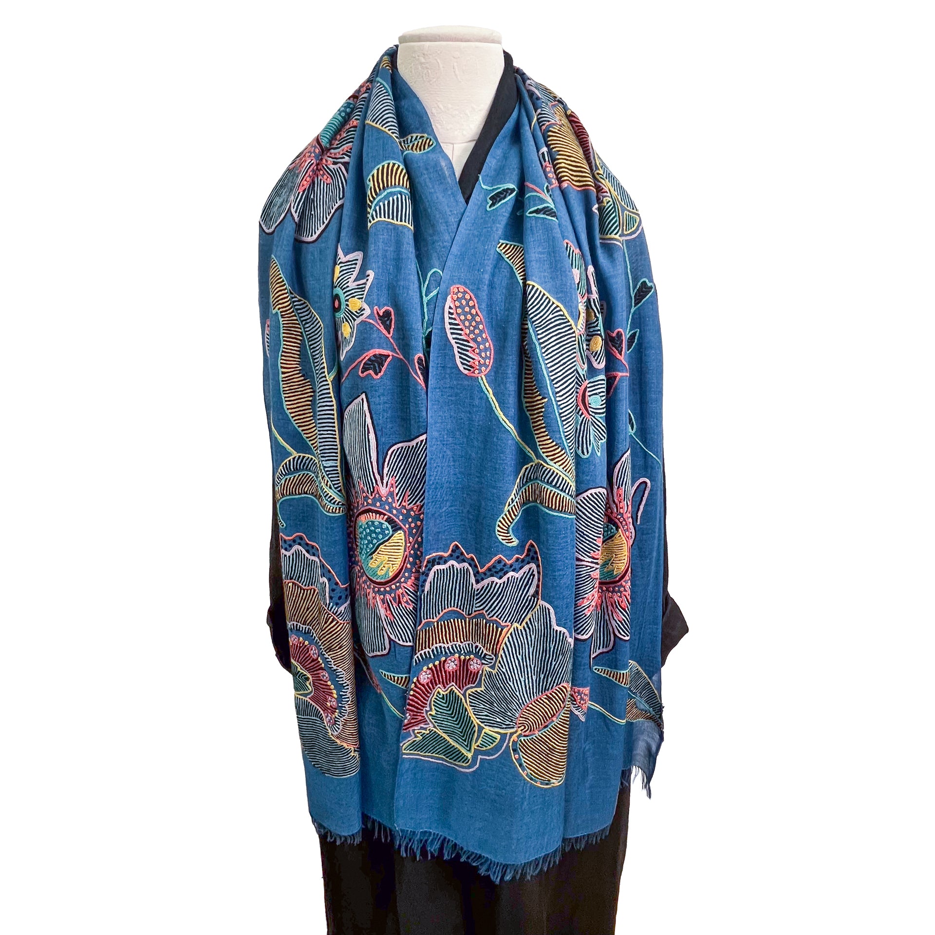 Fusion Flowers ウール&シルク アリー手刺繍ストール (ターコイズ