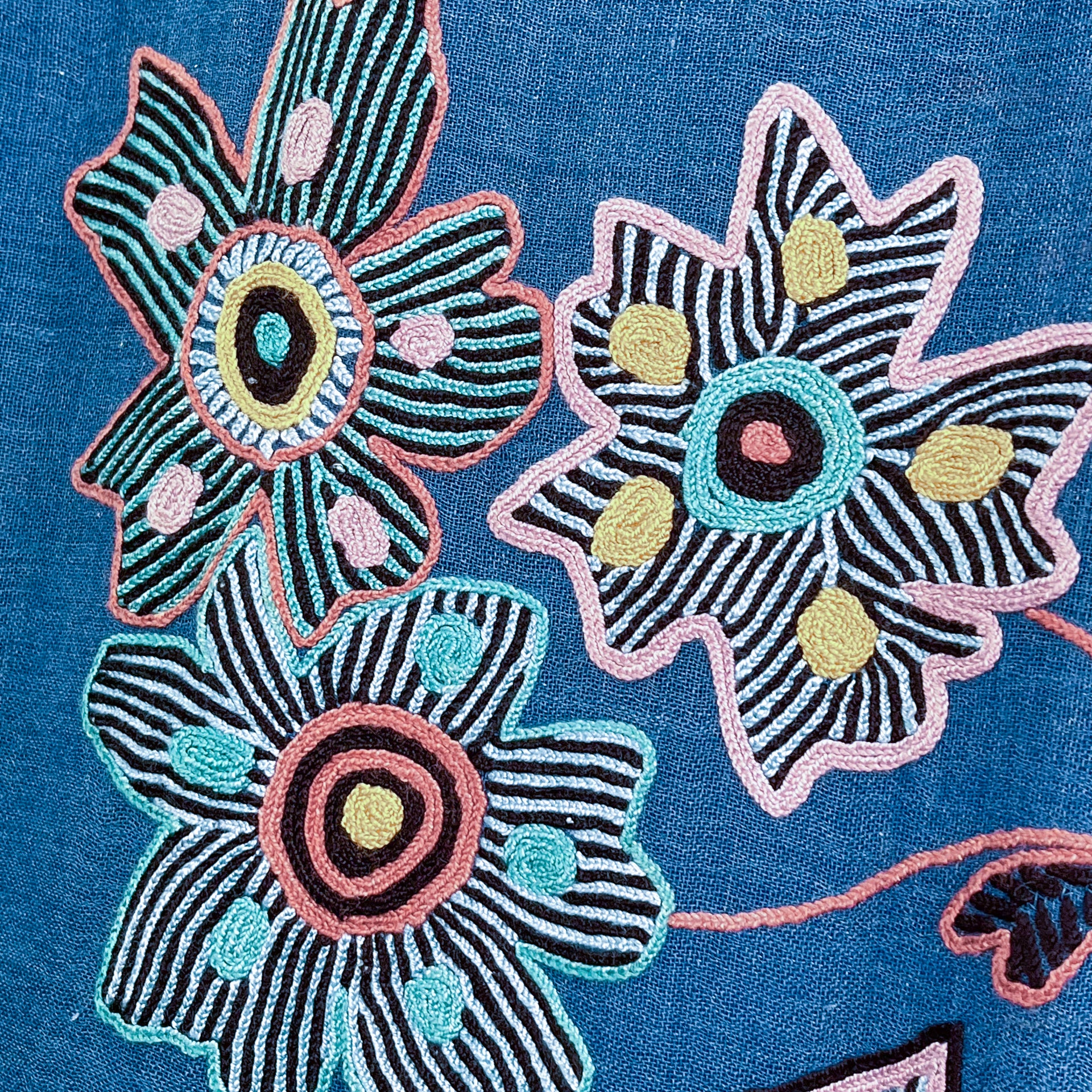 Fusion Flowers ウール&シルク アリー手刺繍ストール (ターコイズ