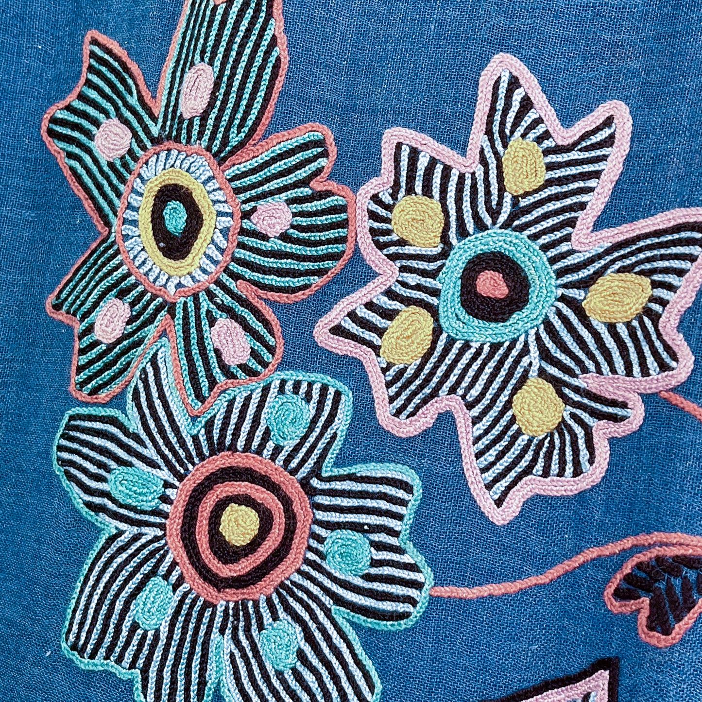 Fusion Flowers　ウール&シルク アリー手刺繍ストール　(ターコイズ)