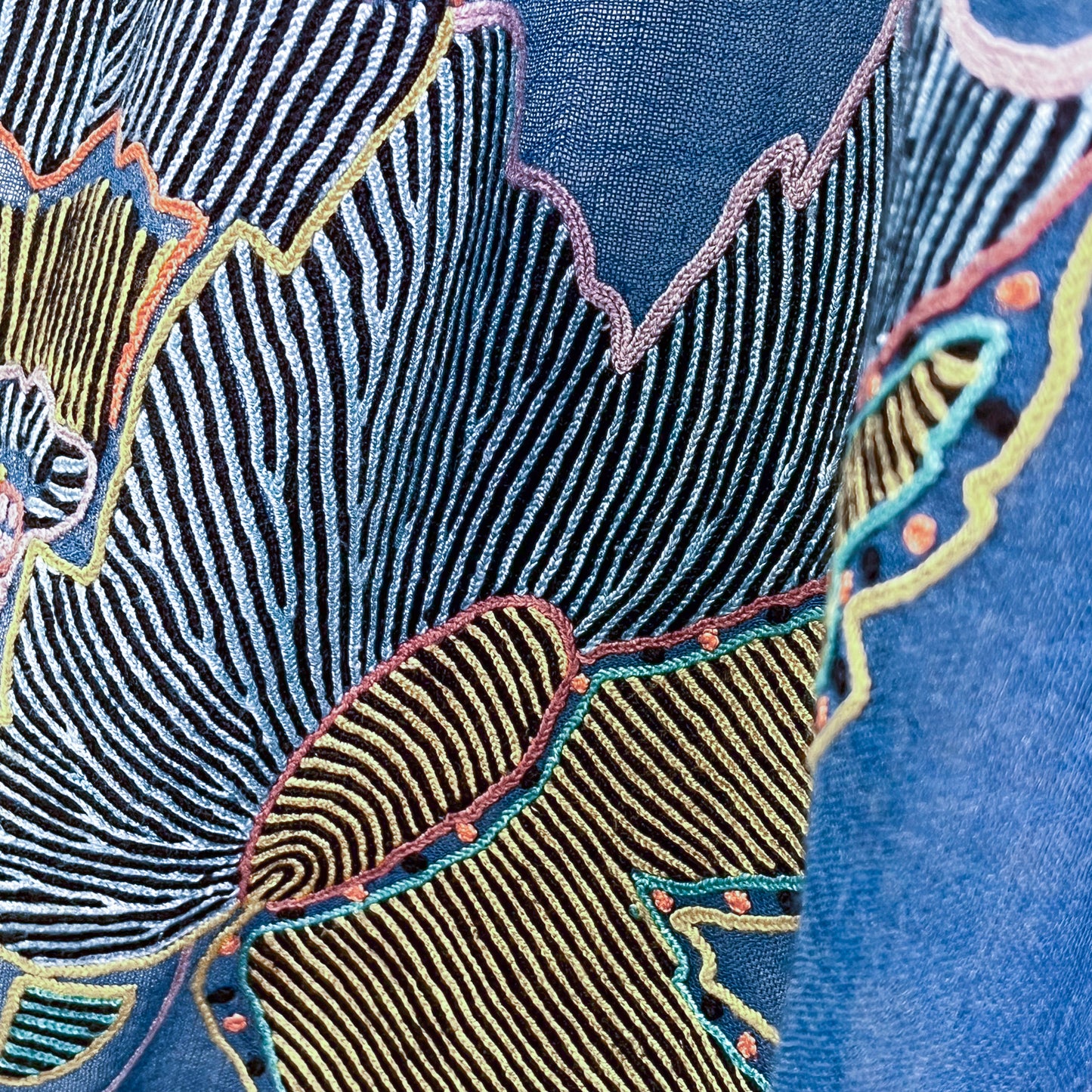 Fusion Flowers　ウール&シルク アリー手刺繍ストール　(ターコイズ)