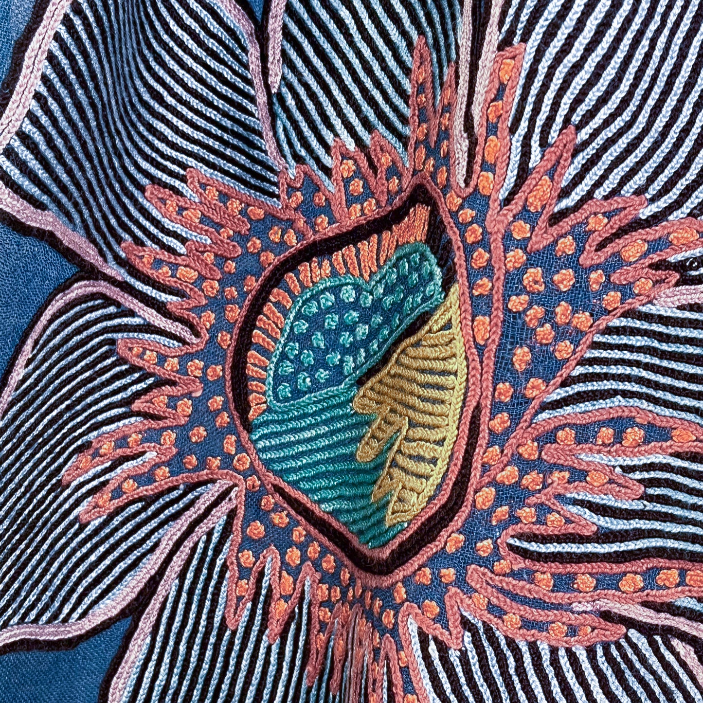 Fusion Flowers　ウール&シルク アリー手刺繍ストール　(ターコイズ)