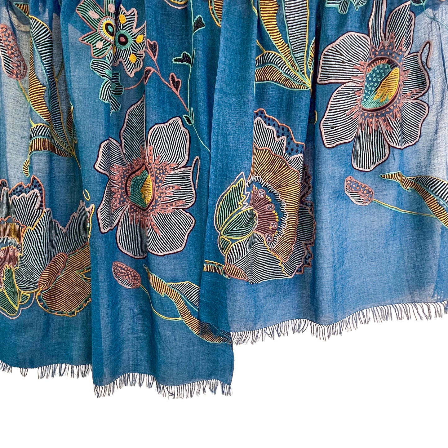 Fusion Flowers　ウール&シルク アリー手刺繍ストール　(ターコイズ)