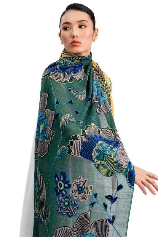 Wool &amp; Silk Arli Hand Embroidered Stole (Dark Green)
