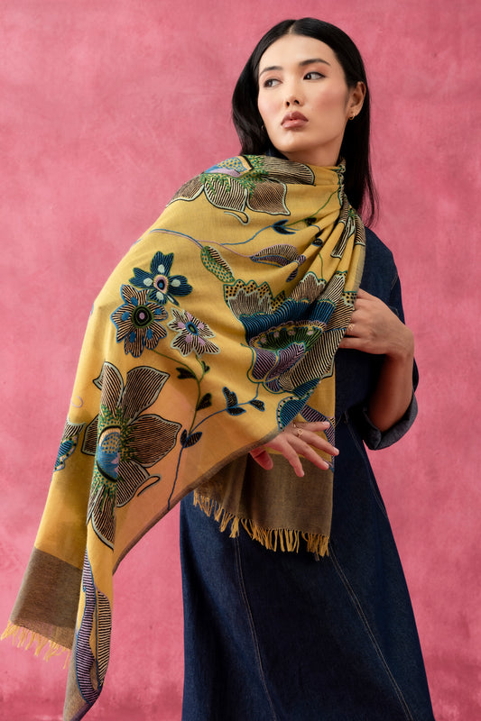 Aly Hand Embroidered Wool &amp; Silk Stole (Mustard)